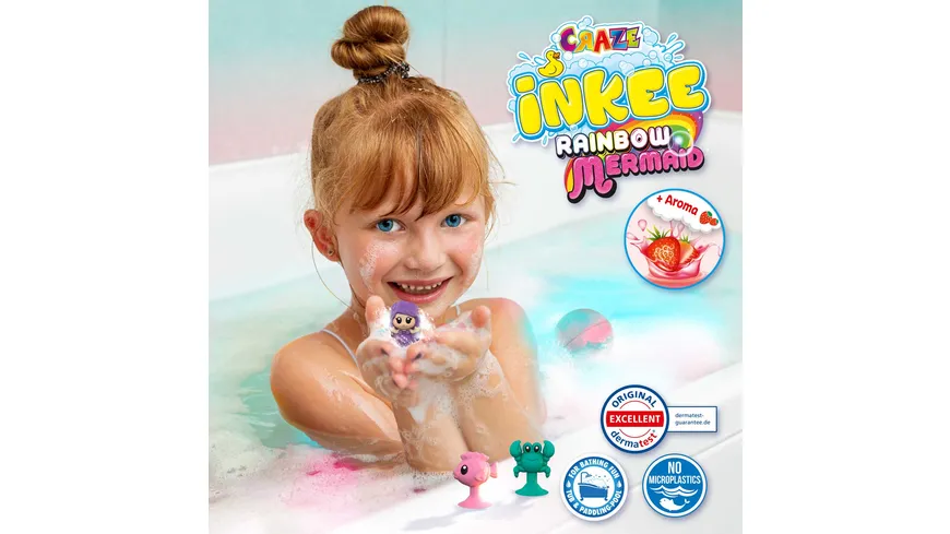 CRAZE - INKEE Mermaid Badekugel mit Erdbeerduft - mit Überraschung (1 von 6 Saugnapf-Figuren) 80 g