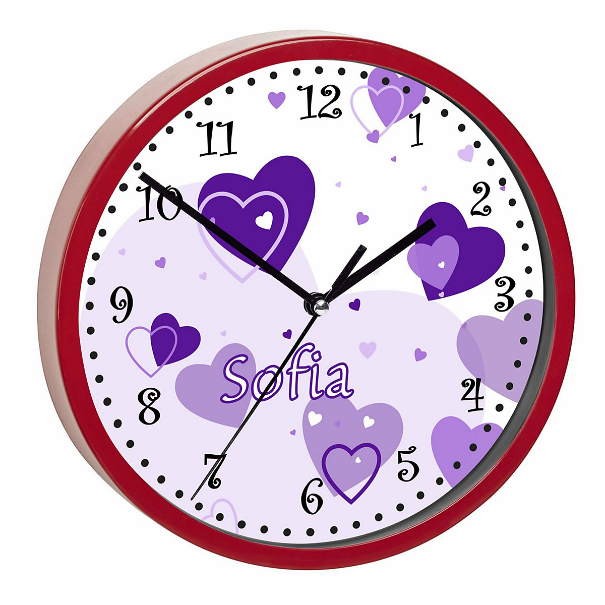 Kinder Wanduhr personalisiert mit Name Herz Lila