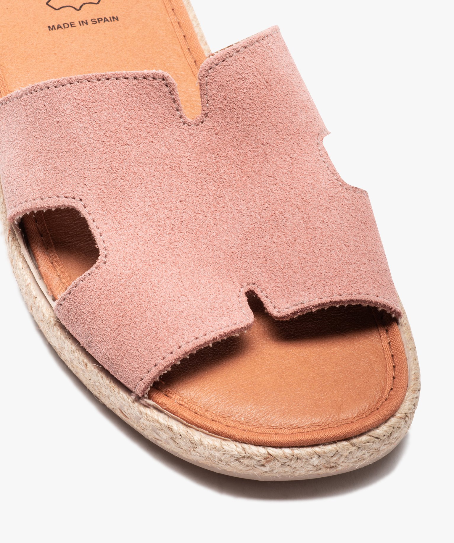 Mules femme à talon plat et bride en cuir retourné rose | GEMO