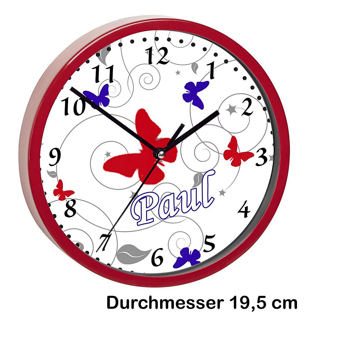 Kinder Wanduhr personalisiert mit Name Schmetterling Rot Blau Grau