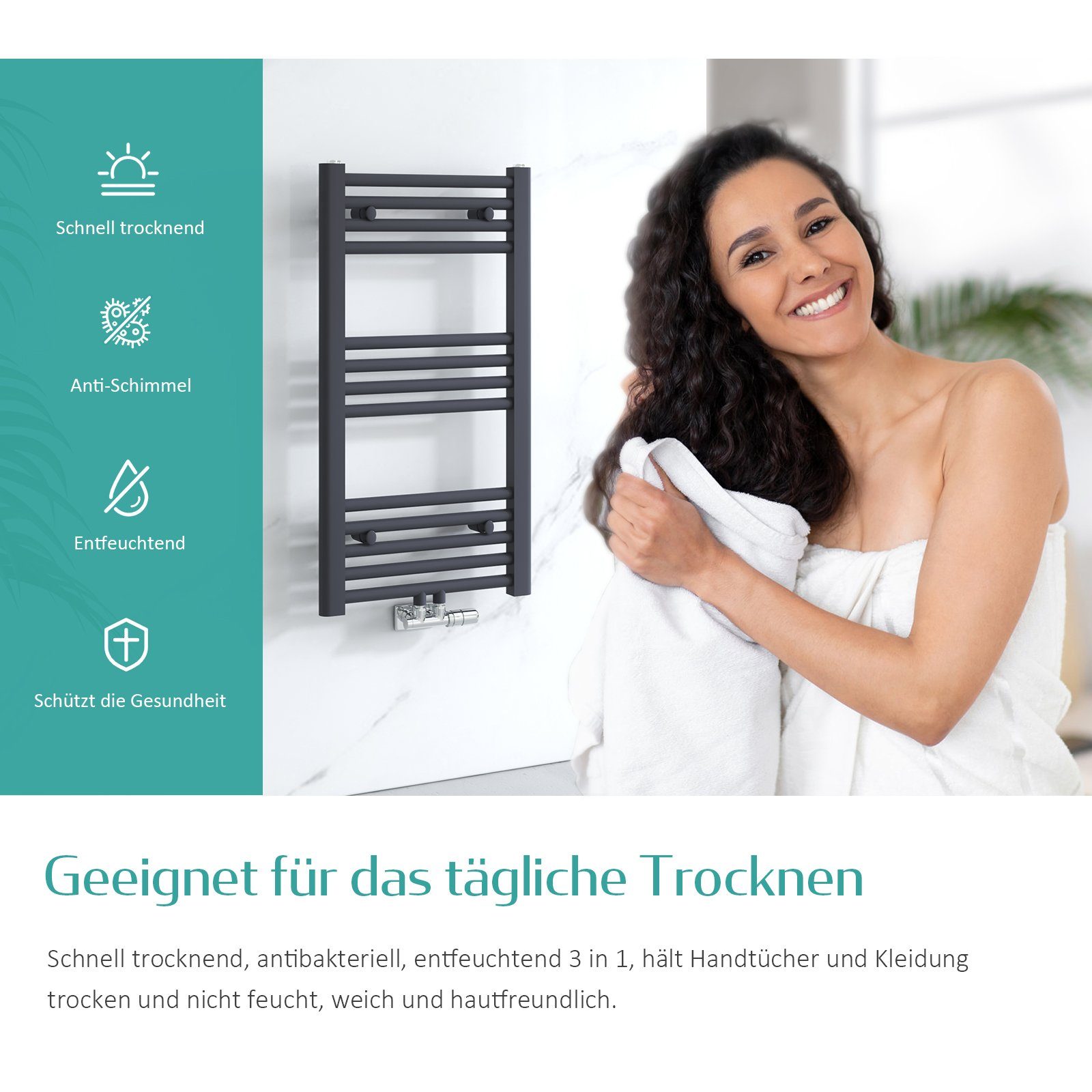 EMKE Badheizkörper EMKE Badheizkörper Handtuchtrockner Handtuchwärmer Bad-Heizkörper, Mittelanschluss, Anthrazit