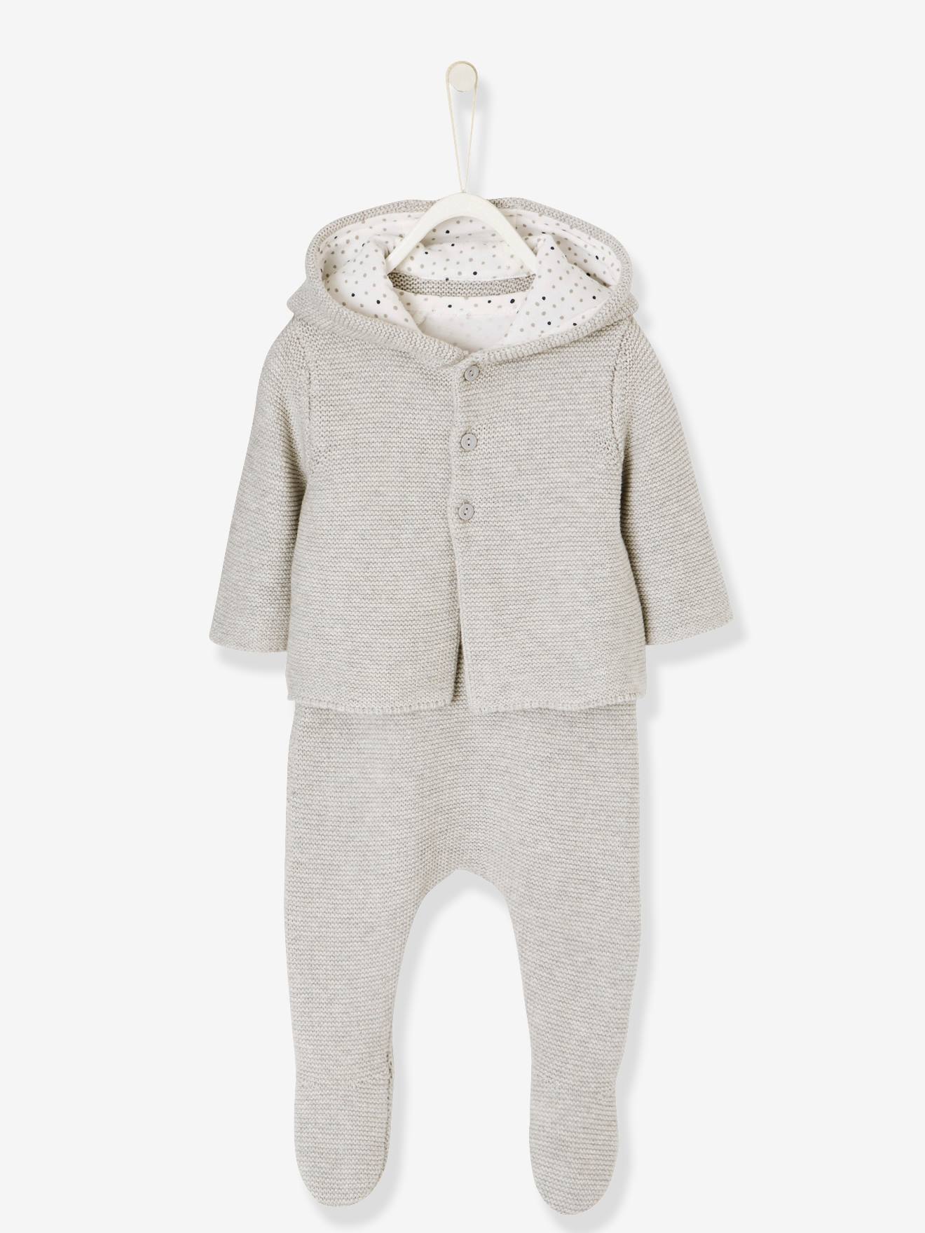 Ensemble naissance 3 pièces point mousse gris clair