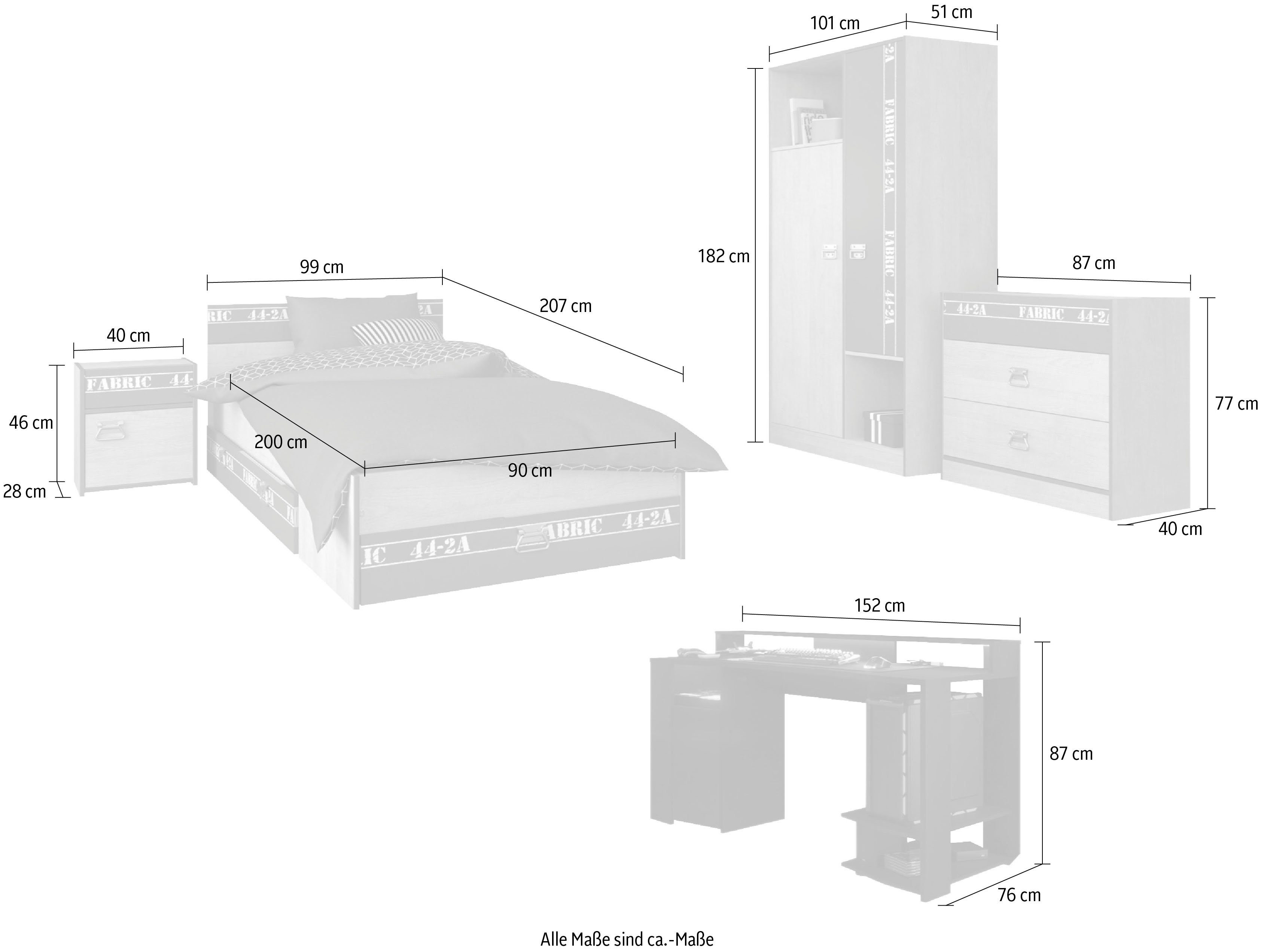 Parisot Jugendzimmer-Set Fabric 20, (Set, 6-teilig), mit LED- Beleuchtung
