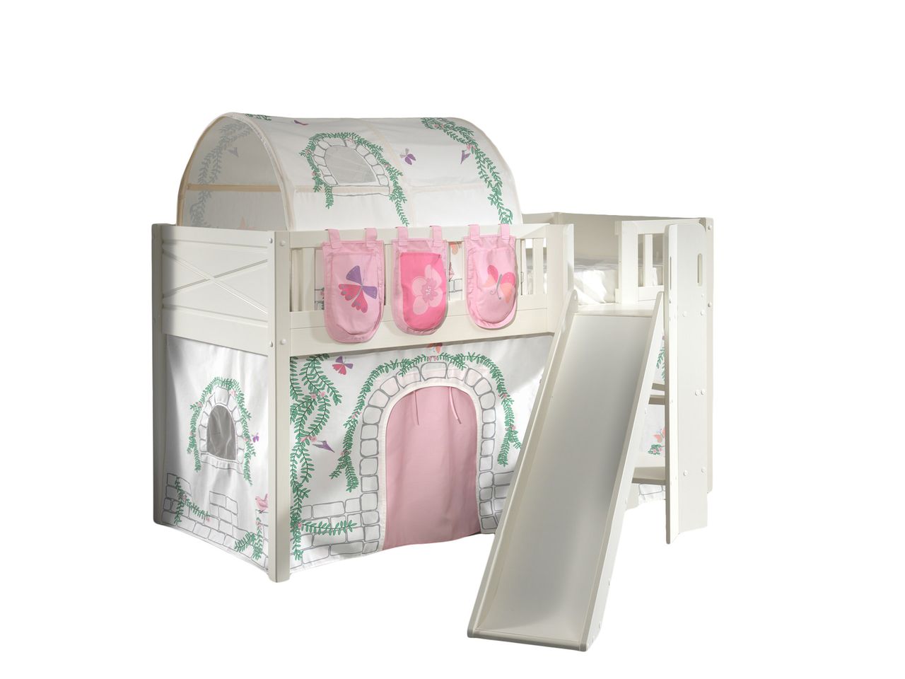 VIPACK Spielbett SCOTT, LF 90 x 200 cm, mit Rolllattenrost, Rutsche, Leiter und Textilset Vorhang, Tunnel und 3 Taschen 