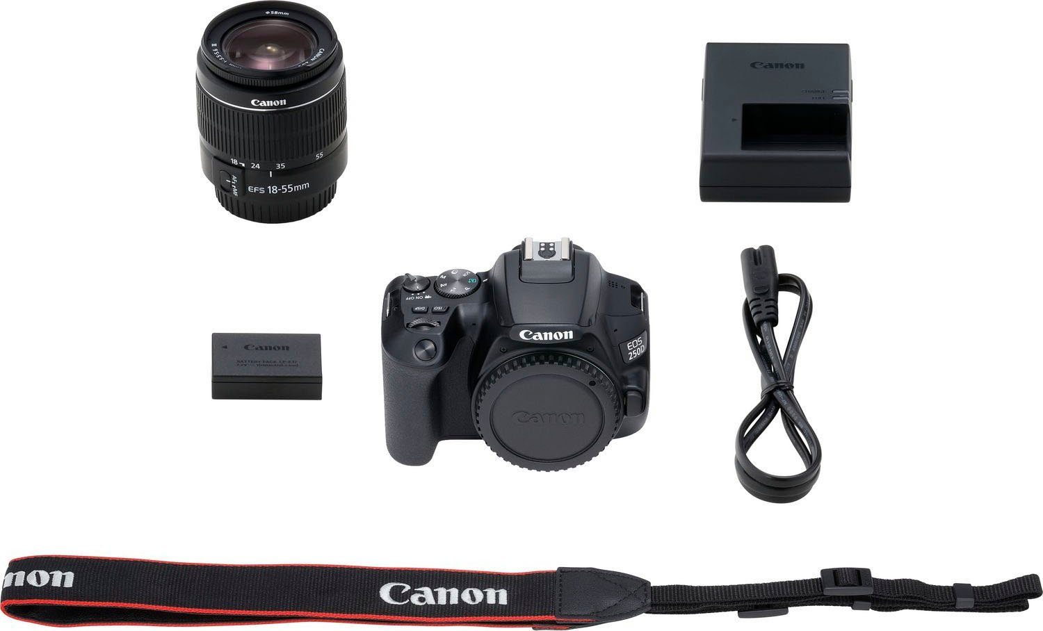 Canon 250D + EF-S 18-55mm f/3.5-5.6 III + SB130 Kit Systemkamera (EF-S 18-55mm f/3.5-5.6 III, 24,1 MP, Bluetooth, WLAN)