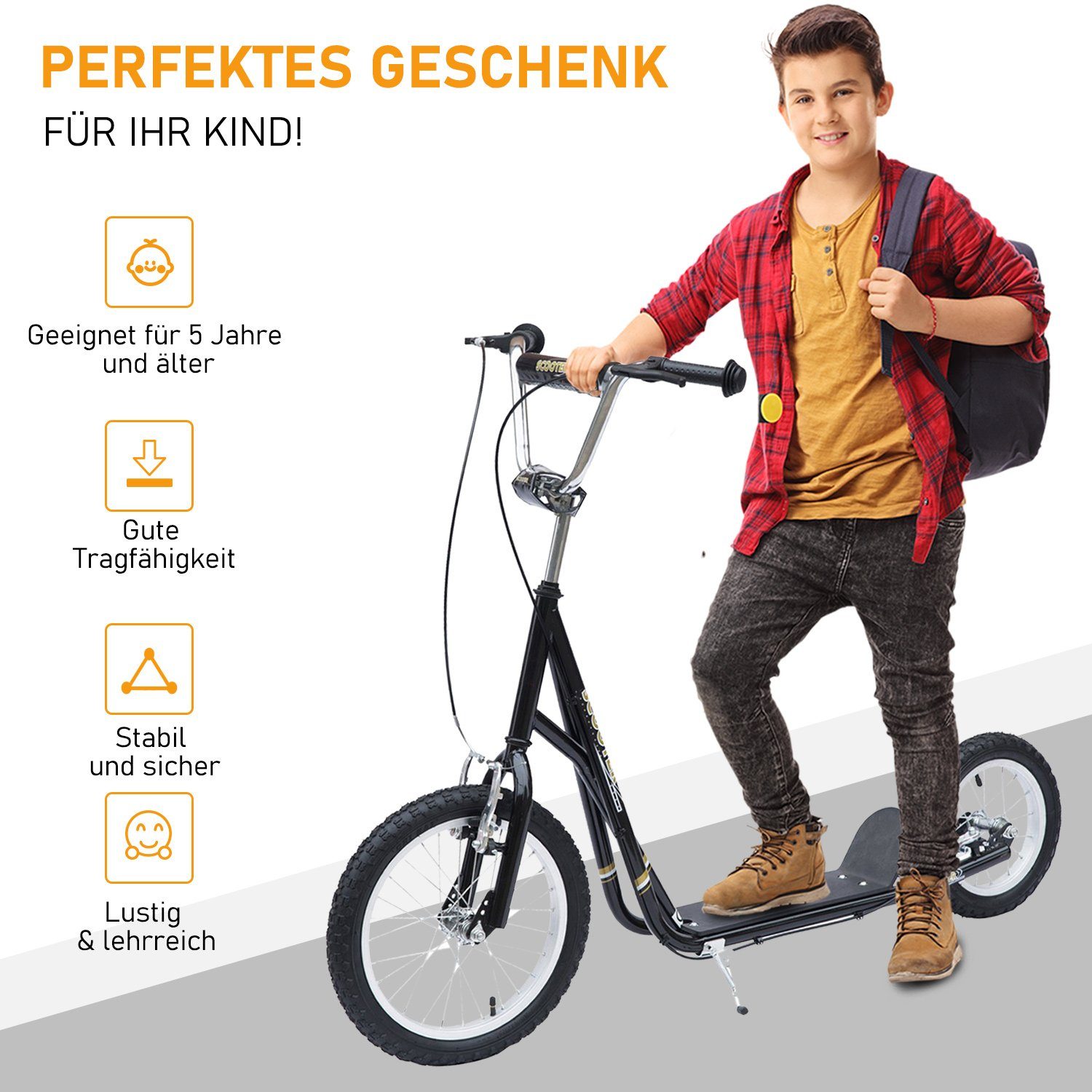 HOMCOM Scooter Kinderroller Scooter Tretroller mit Bremsen für 5+Jahre Kinder Schwarz, (1 tlg), L135 x B58 x H92-100 cm