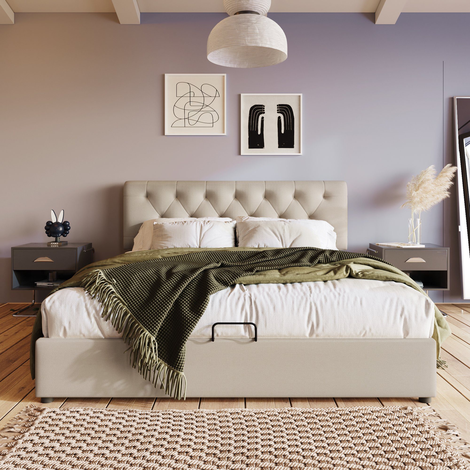 BlingBin Polsterbett Hydraulisch Doppelbett Mit großem Stauraum 140/160×200cm (Gesamtabmessung:212 x 148/168 x106-112 cm Max. Benutzergewicht : 220KG), Innerer Stauraum 195 x 24 x 156(B x H x T)