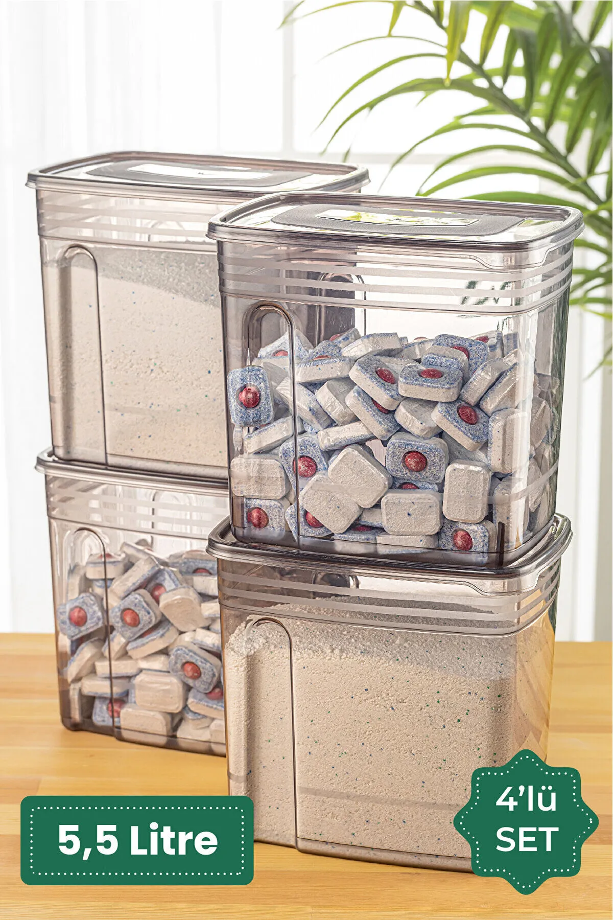 Meleni Home  4er-Set – 5,5-Liter-Jumbo-Lena-Pulvertabletten-Aufbewahrungsbehälter für Reinigungsmittel – beschriftete Aufbewahrungsbox mit Deckel
