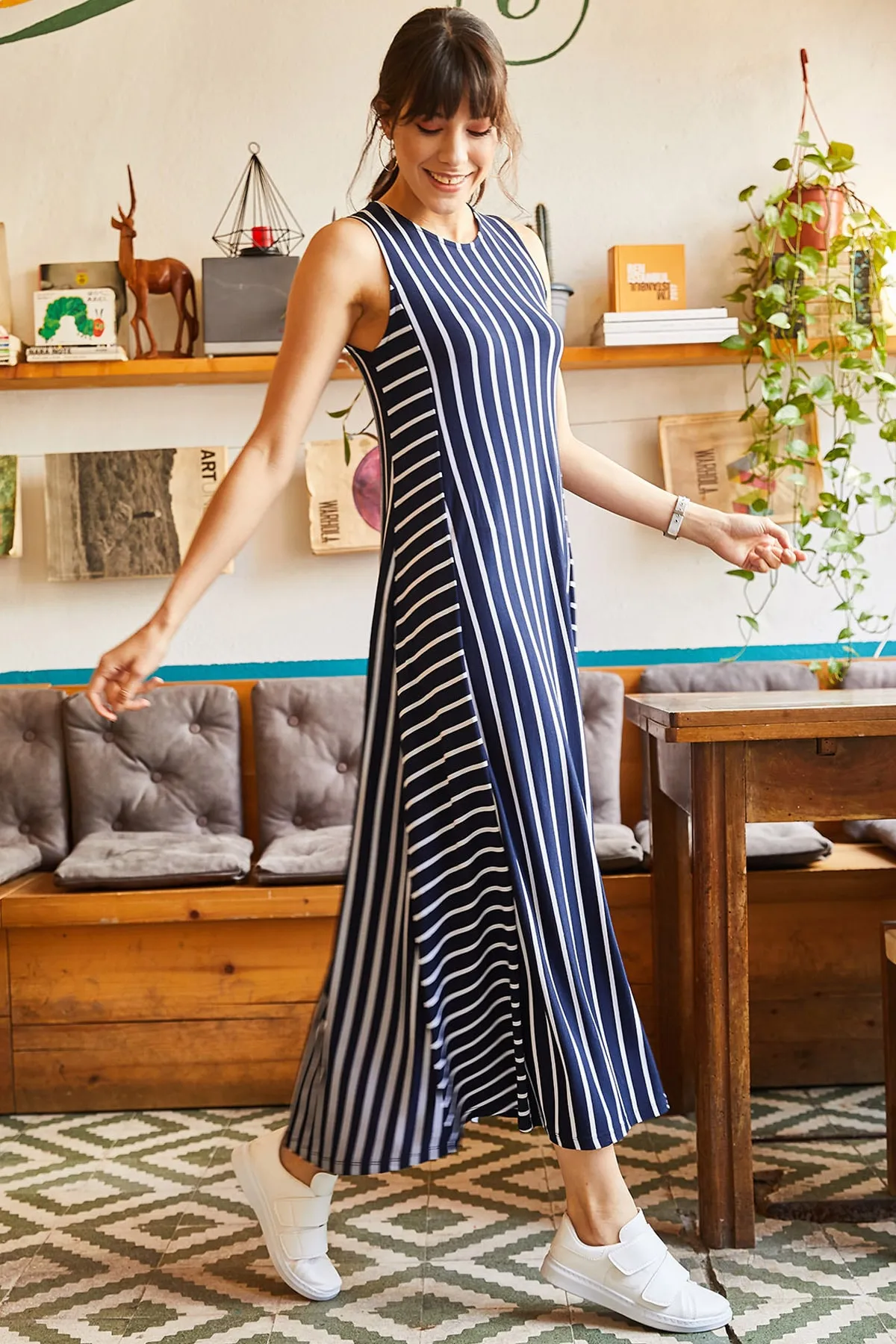Olalook  Marineblau gestreiftes langes Freizeitkleid für Damen ELB-19001075