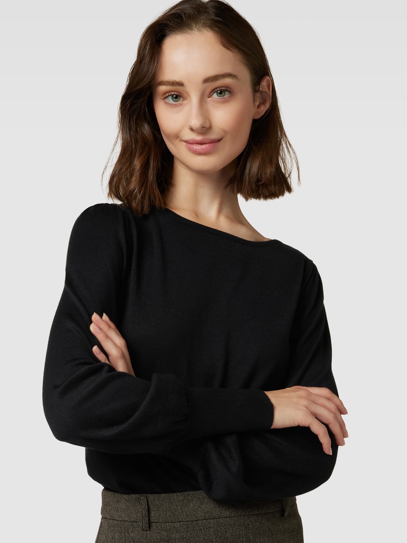 Strickpullover mit U-Boot-Ausschnitt und Puffärmeln in schwarz
