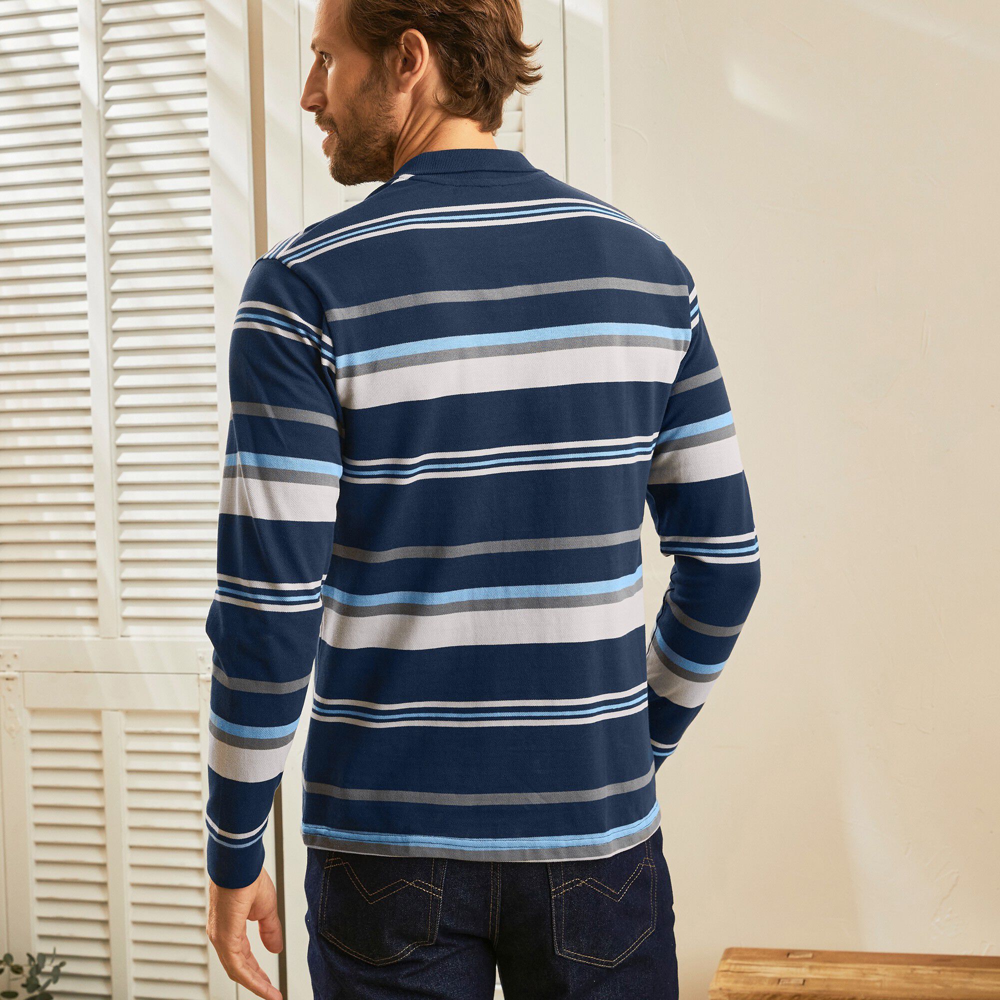 Polo maille piquée rayée, manches longues