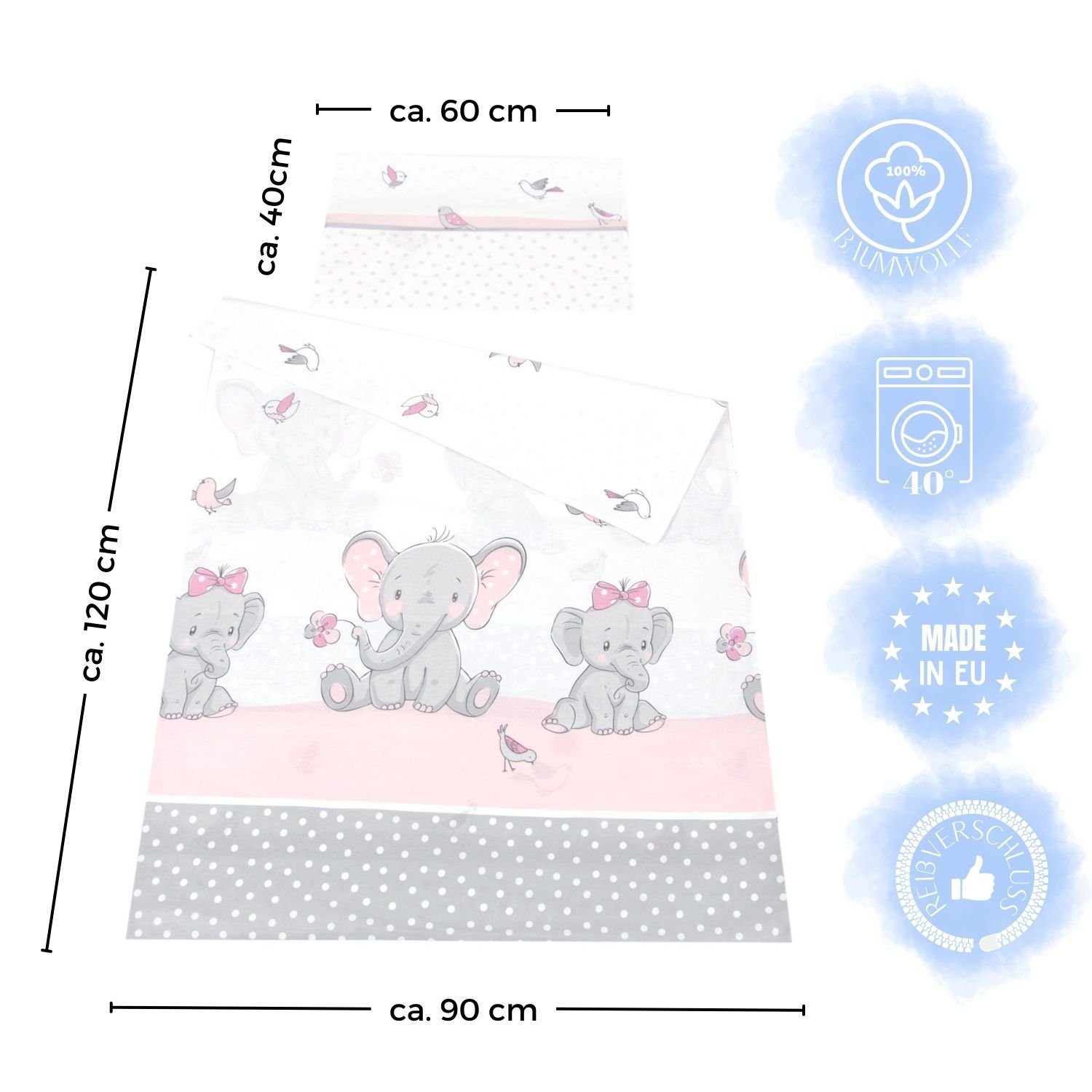 Babybettwäsche BABYLUX Kinderbettwäsche 2 Tlg. 90 x 120 cm Bettwäsche Bettbezug Kind, BabyLux, 112. Elephanten Coral