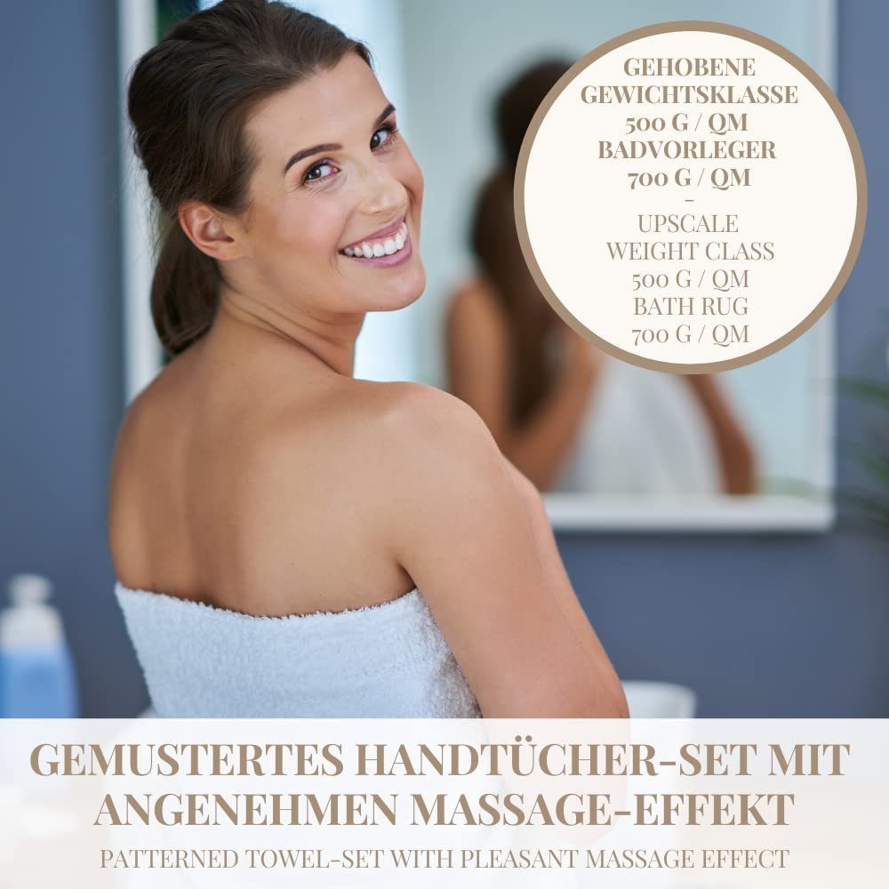 Carenesse Handtuch Set 4x Handtuch, 2x Duschtuch, 2x Badvorleger grau, 8-tlg. Set, Baumwolle, Waffelmuster & Bordüre I Frottee Handtücher fusselfrei & saugstark