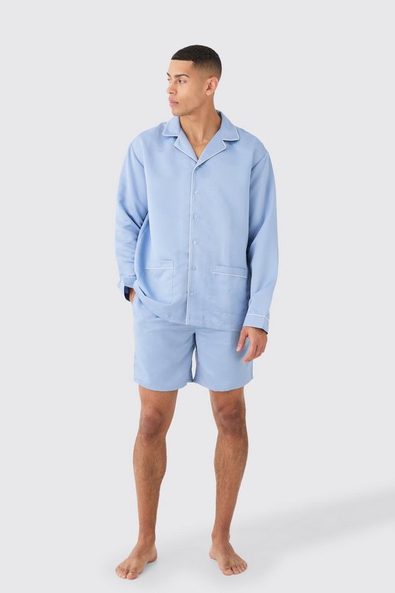 Satin Paspeln Hemd & Loungewear Shorts Set