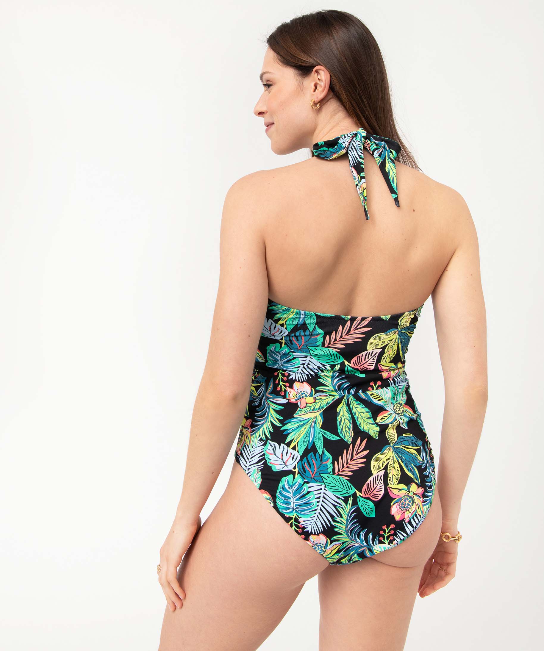 Maillot de bain femme 1 pièce bandeau avec liens tour de cou imprime | GEMO