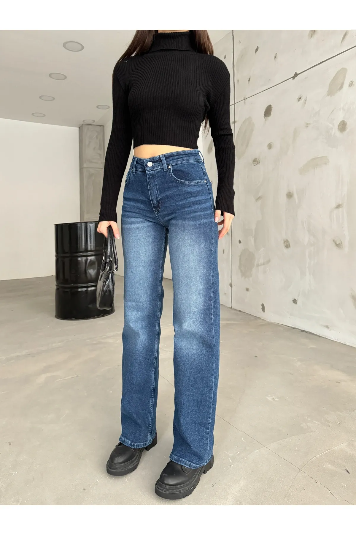 BİKELİFE  Damen-Palazzo-Jeans aus Lycra mit hoher Taille und weitem Bein in Blau mit hellem Effekt und weitem Bein in Segelblau