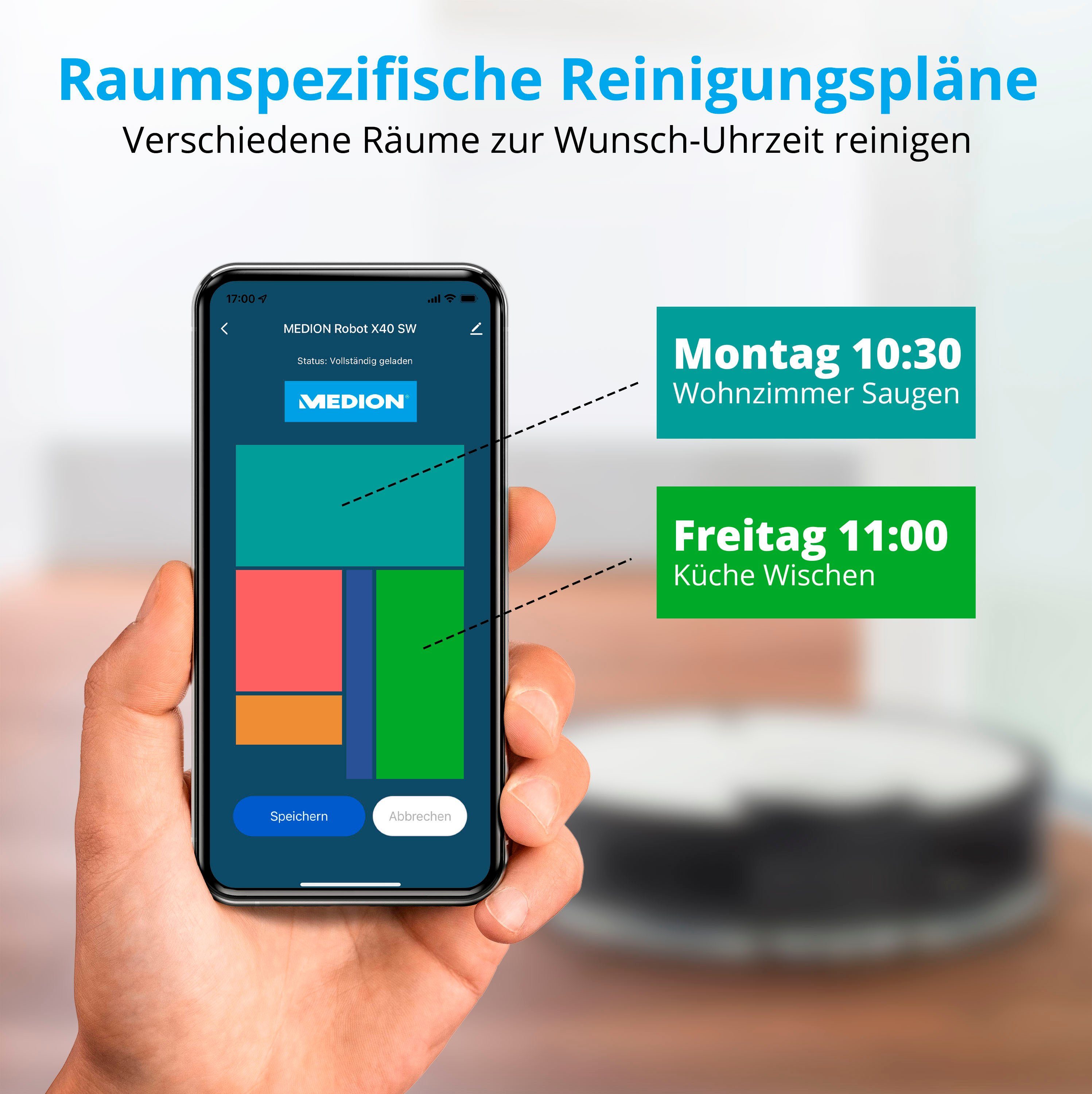 Medion® Nass-Trocken-Saugroboter MD 20040 X40 SW, 30 W, App und Alexa Steuerung, Betriebszeit bis zu 110 min
