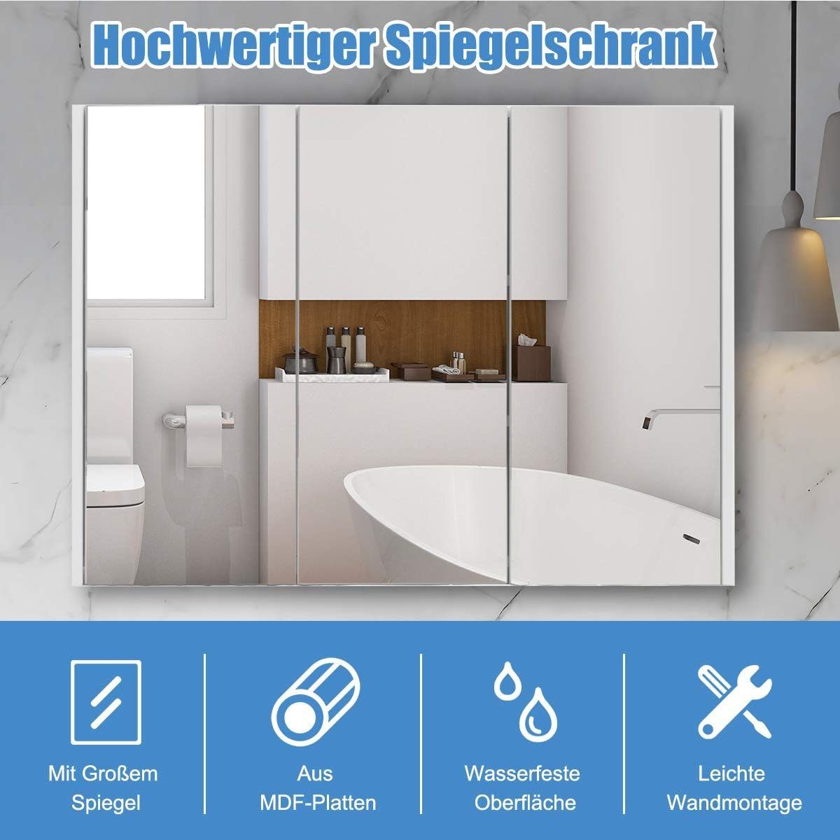 KOMFOTTEU Spiegelschrank mit 3 Türen mit Spiegel, 65 x 11 x 90 cm