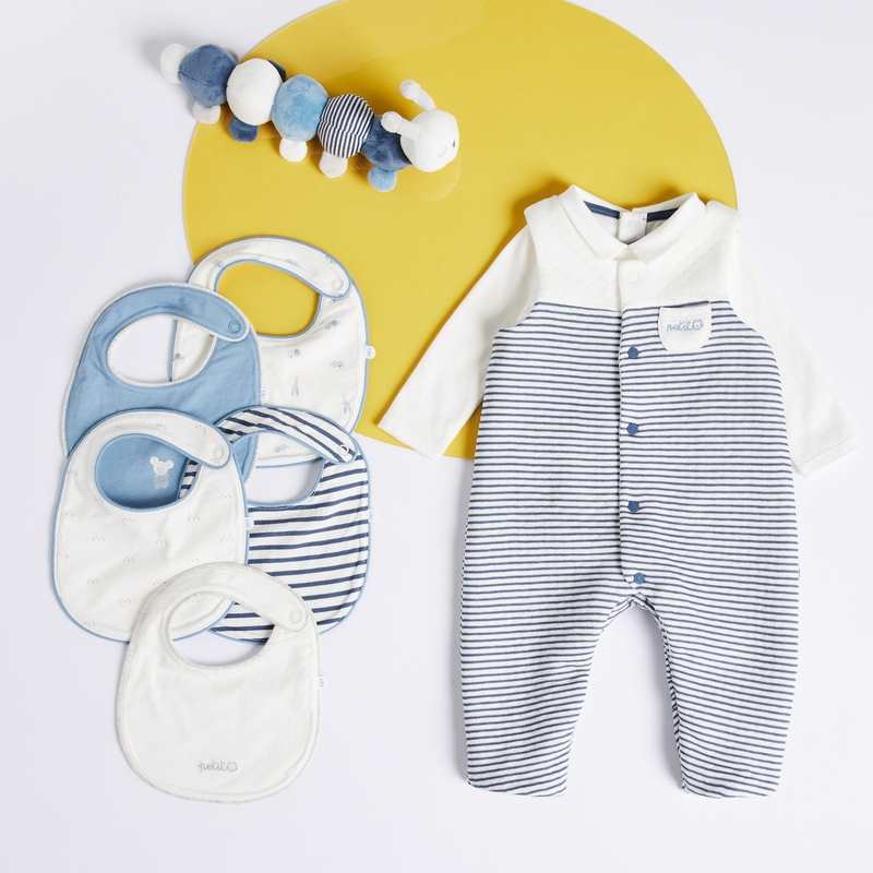 Salopette maille fantaisie et body col polo bleue naissance