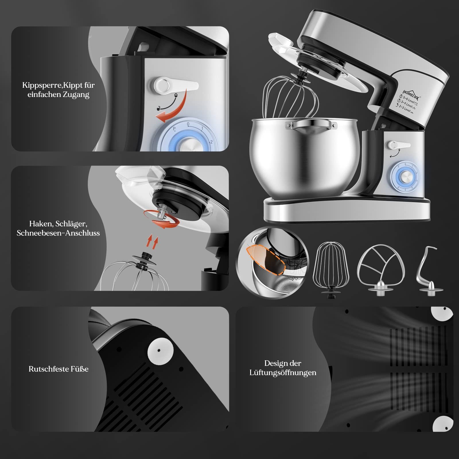 HOMELUX Küchenmaschine 12 L Küchenmaschine, Teigmaschine,6 Geschwindigkeiten, Knetmaschine, 2500,00 W, 12,00 l Schüssel, inkl 3-Teiligem Patisserie-Set und Spritzschutz, mit Edelstahlschüssel