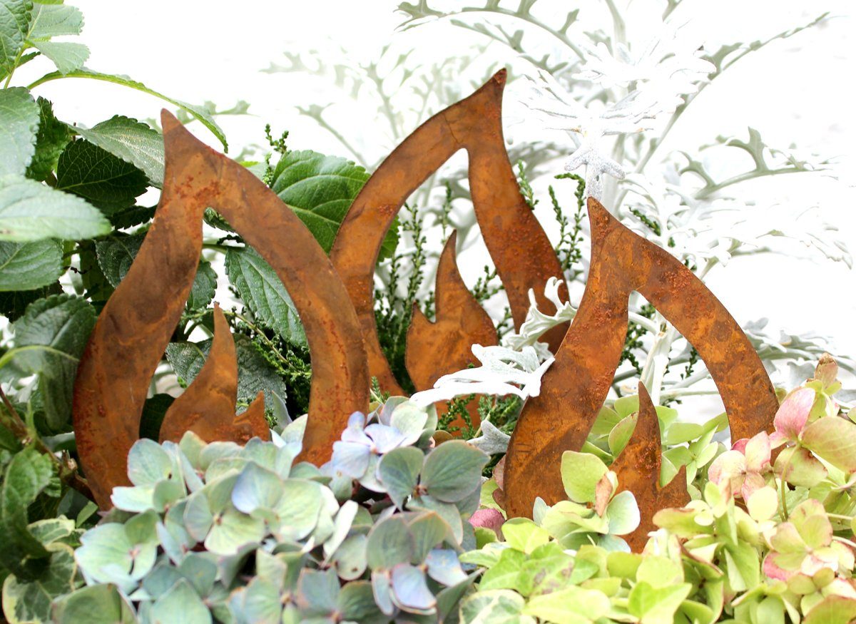 LB H&F Lilienburg Teichfigur 3er SET Gartenstecker Gartenfigur Gartendeko Rost Flamme Metall, (dekorieren Rostfigur Weihnachten Frühling Ostern Herbst Winter Weihnachtsdeko rostige Dekoflamme zum Stecken basteln FLAMMEN NEO, Beetstecker Metallstecker