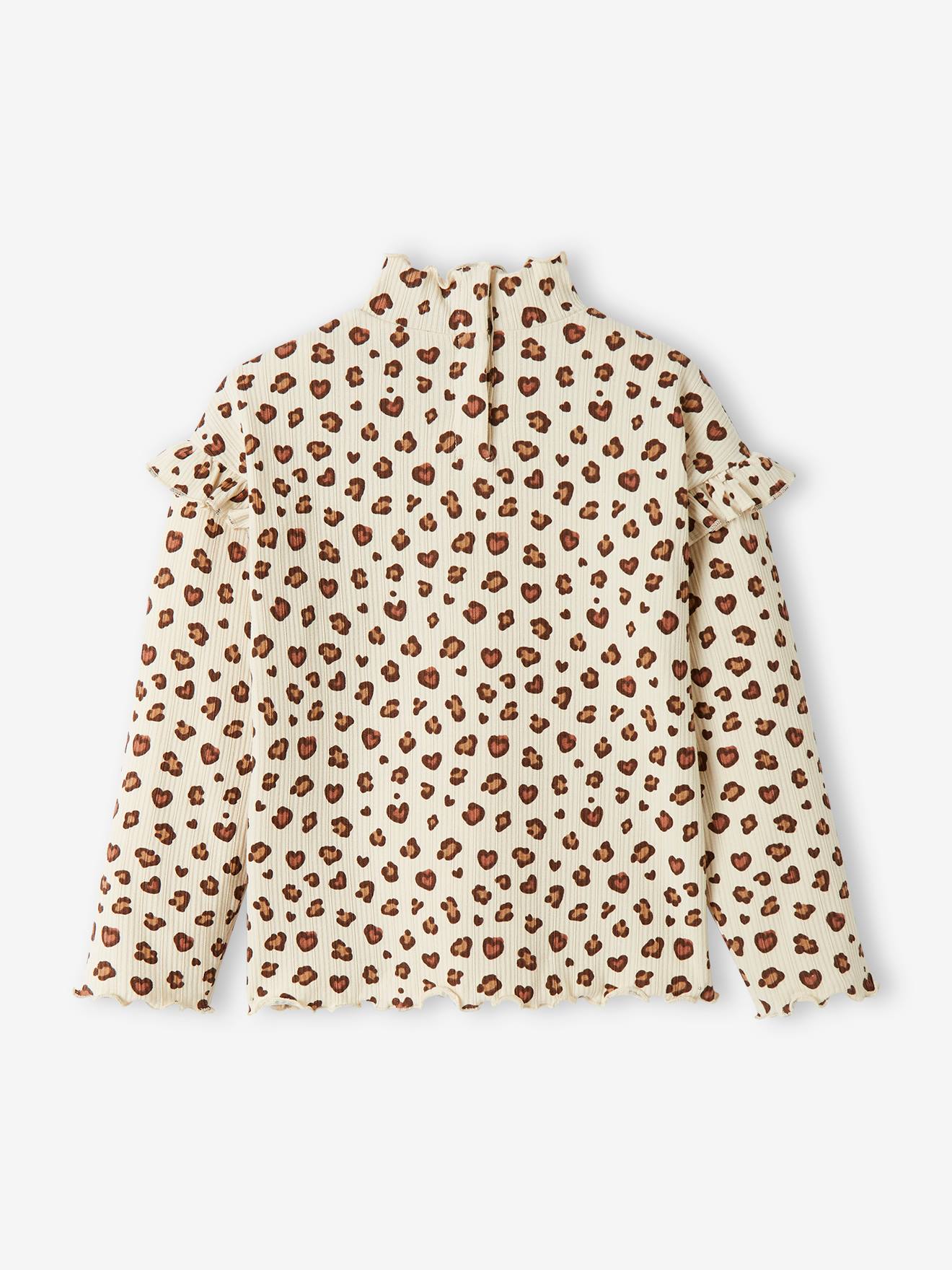 T-shirt col montant en maille côtelée fille manches volantées ocre
