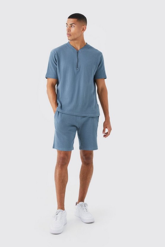 Slim-Fit Bomber-Poloshirt & Shorts in Waffeloptik