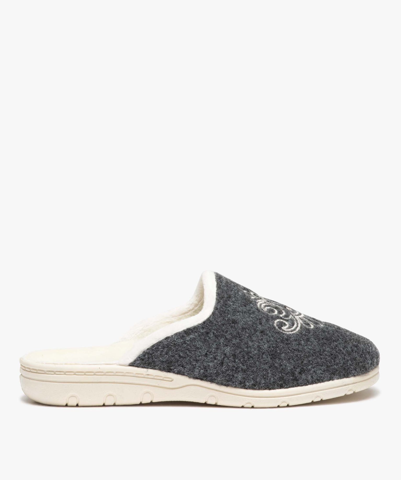 Chaussons femme mules en feutrine brodée gris | GEMO