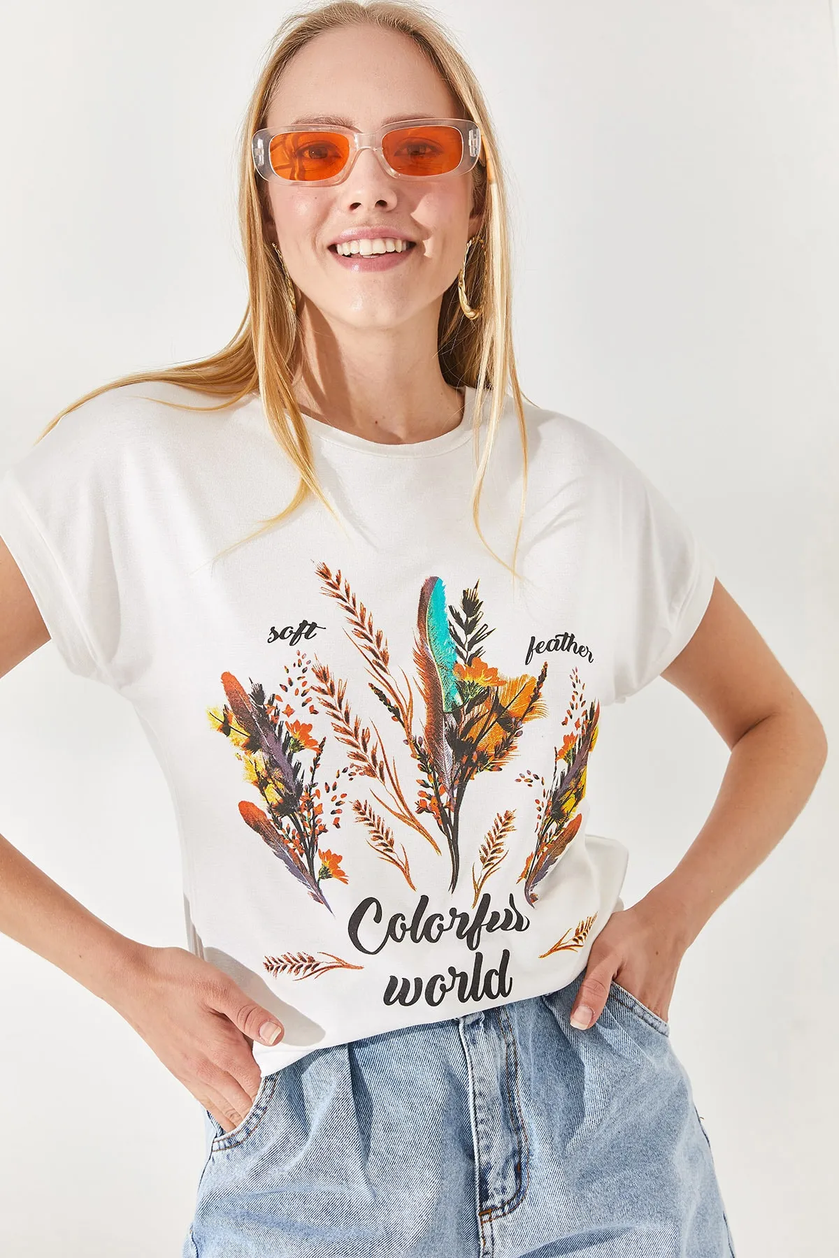 Olalook  Ecrufarbenes, pelziges bedrucktes T-Shirt für Damen TSH-19000125