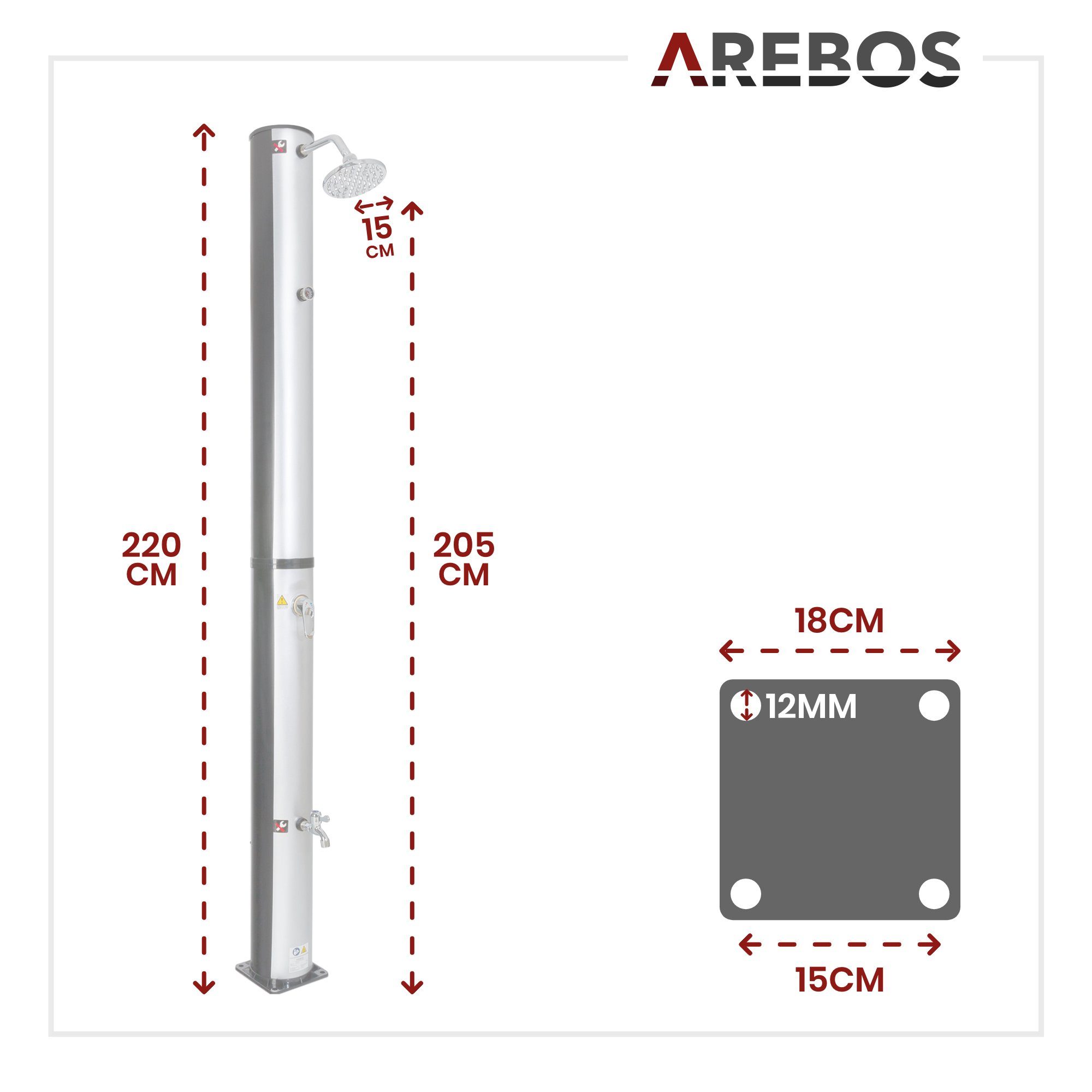 Arebos Solardusche 40L & Bodenelement, mit integriertem Thermometer & Fußdusche (Set), inkl. Abdeckhaube
