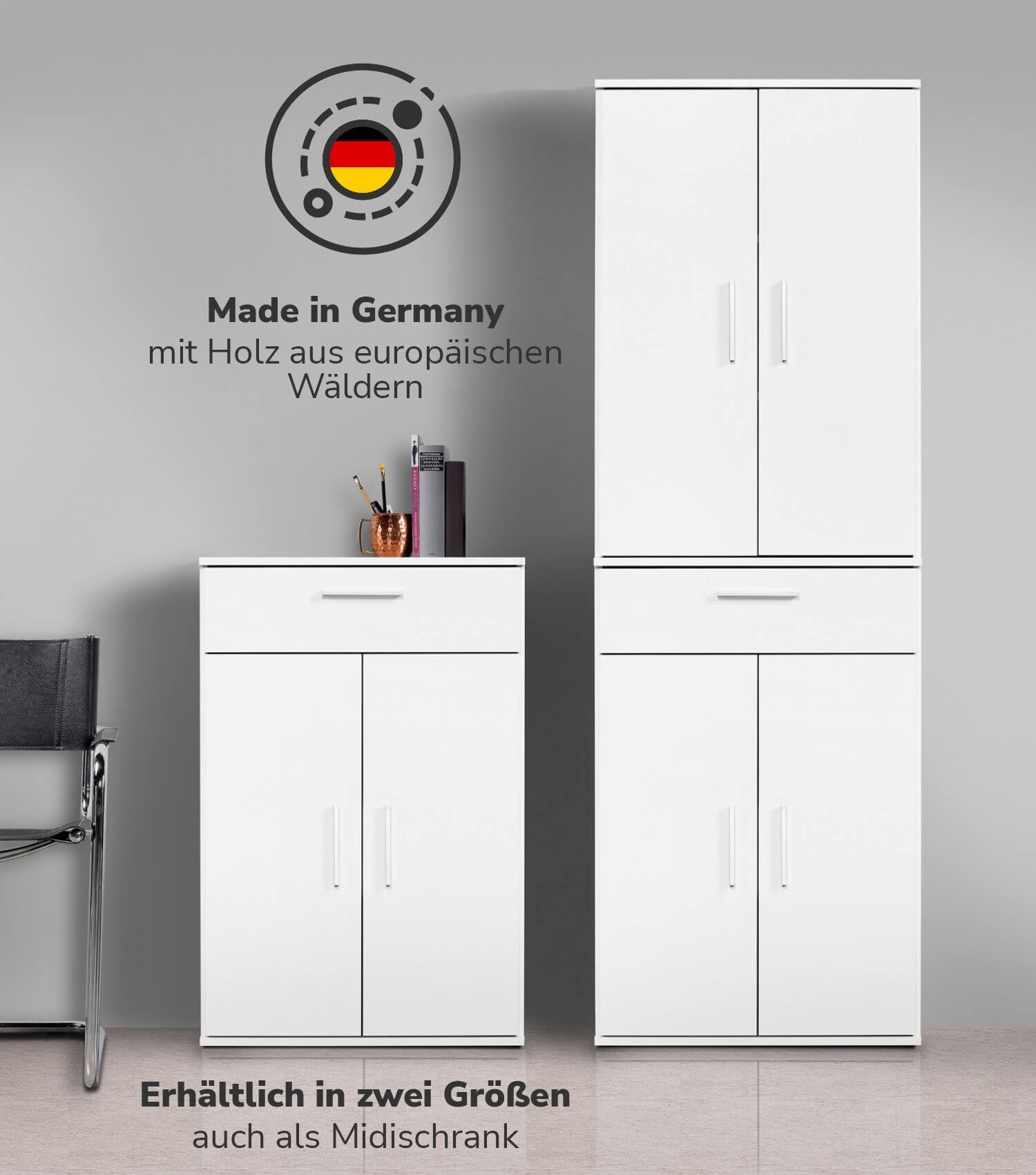 mokebo Mehrzweckschrank Der Praktische (90cm Höhe) Apothekerschrank, Vorratschrank, Schuhschrank, Küchenschrank Weiß