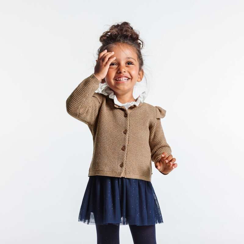 Gilet maille fantaisie irisée à volants beige bébé fille