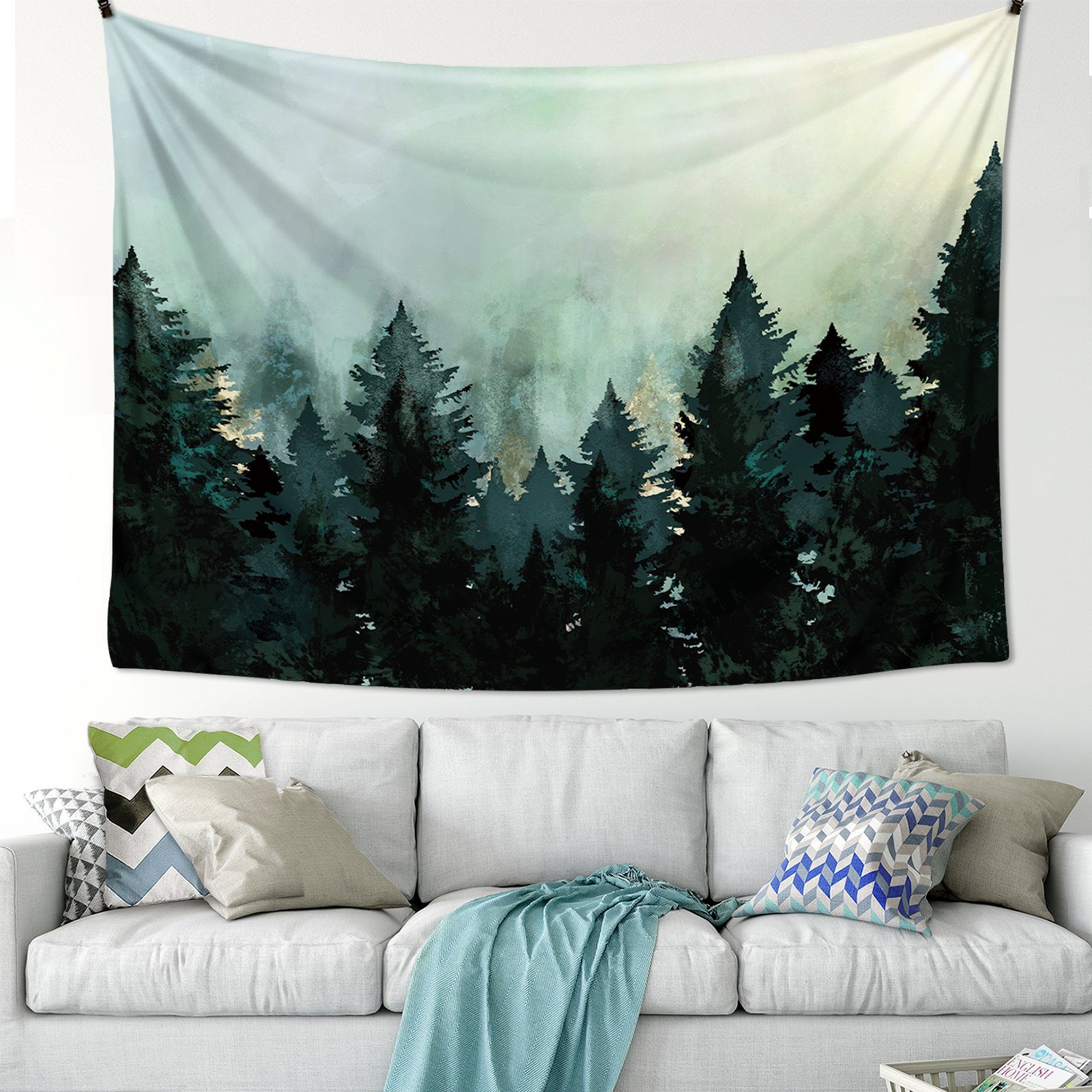 Wandteppich Wald Wandteppich, vers. Größen, Wandbehang mit Tannen, Natur Tapiss, GalaxyCat, rechteckig, Höhe: 1300 mm, Wandbehang mit Wald im Nebel