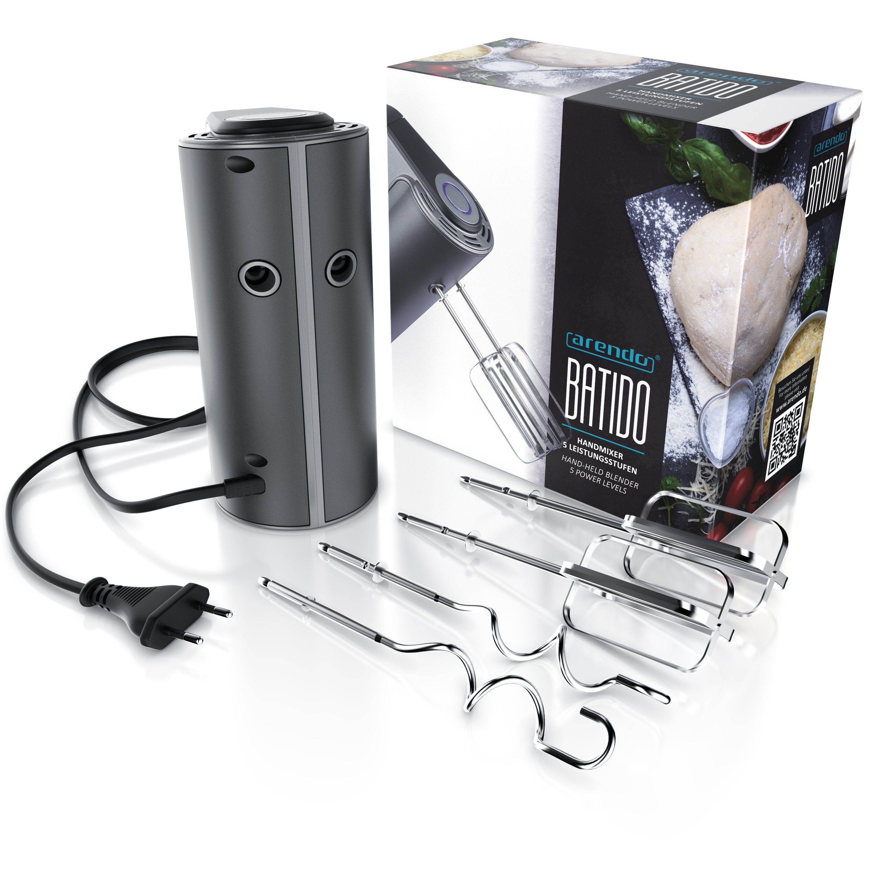 Arendo Handmixer, 350 W, aus Edelstahl mit Turbostaste, Handrührer inkl. 2 Quirle & 2 Knethaken