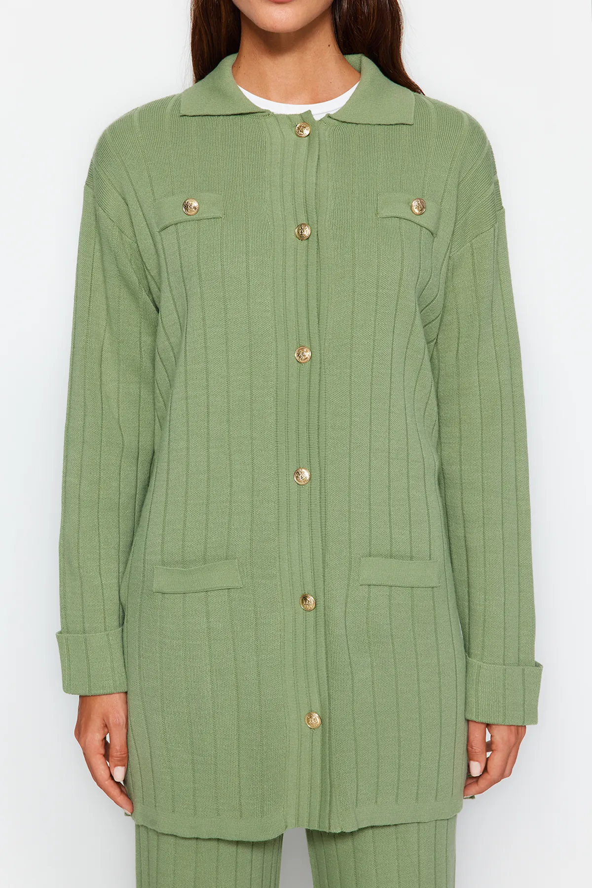 Trendyol Modest  Grünes Strickoberteil- und -unterteil-Set aus Strickjacke und -hose mit Kordelzug TCTAW24US00003