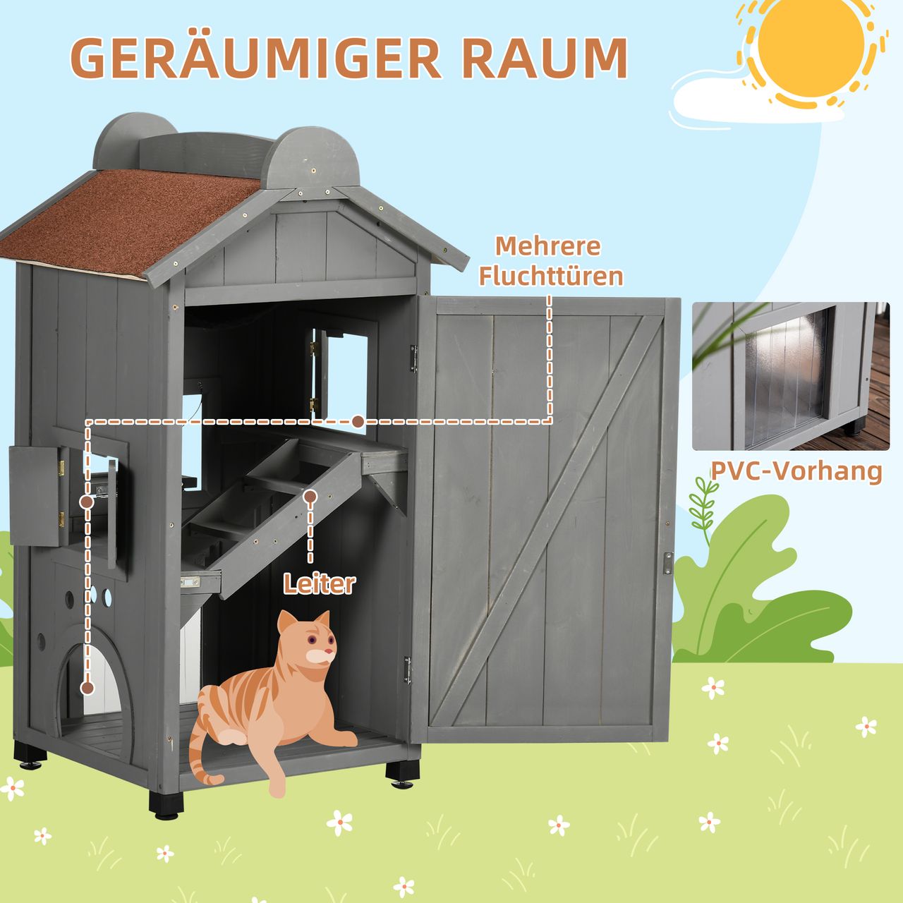PawHut Katzenhaus für Katzenbett oder Katzentoilette, Katzenschrank, Katzenklo Indoor, Tannenholz, Asphaltdach, Grau   Weiß, 59 x 55 x 109 cm