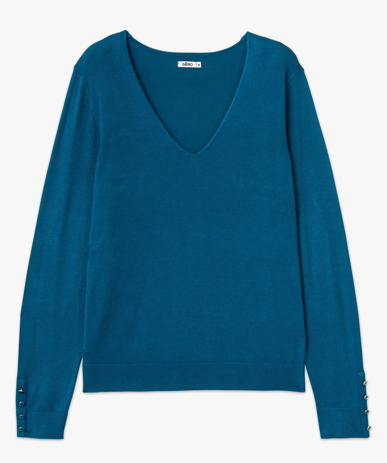 Pull en maille fine à col V et boutons fantaisie femme bleu | GEMO