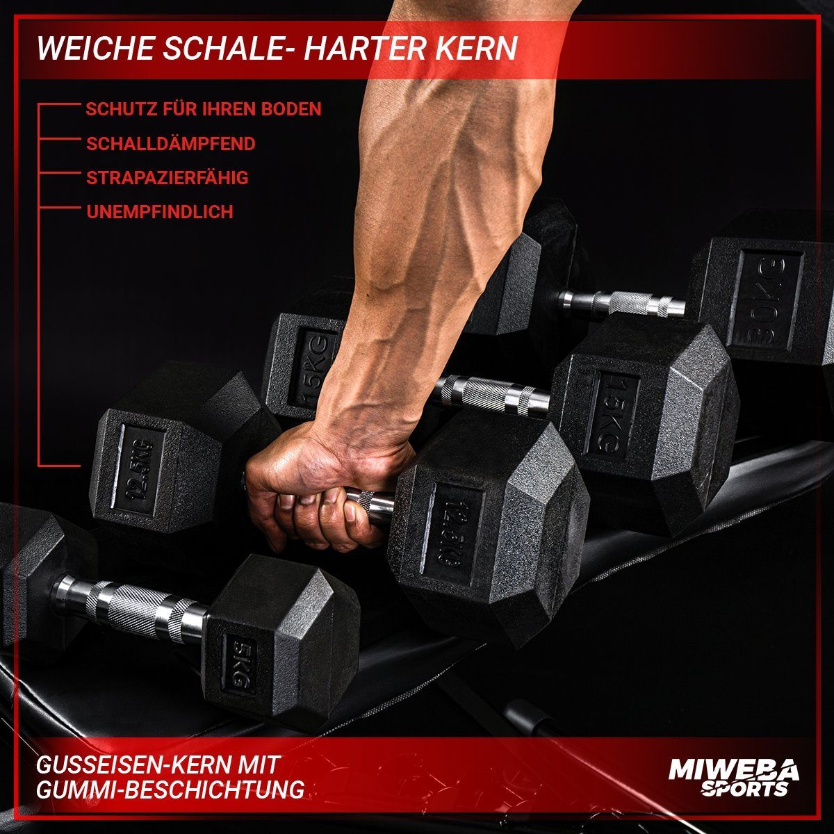 Miweba Sports Kurzhantel Premium Hexagon Hantel HGH100 - 7 verschiedene Varianten, (Einzelhantel, 7,5-30 kg, Gusseisen-Kern, kreuzgerändelte Struktur, Krafttraining), Hantelgewichte Fitnesshanteln Gewichte Fitness Sport Hanteln