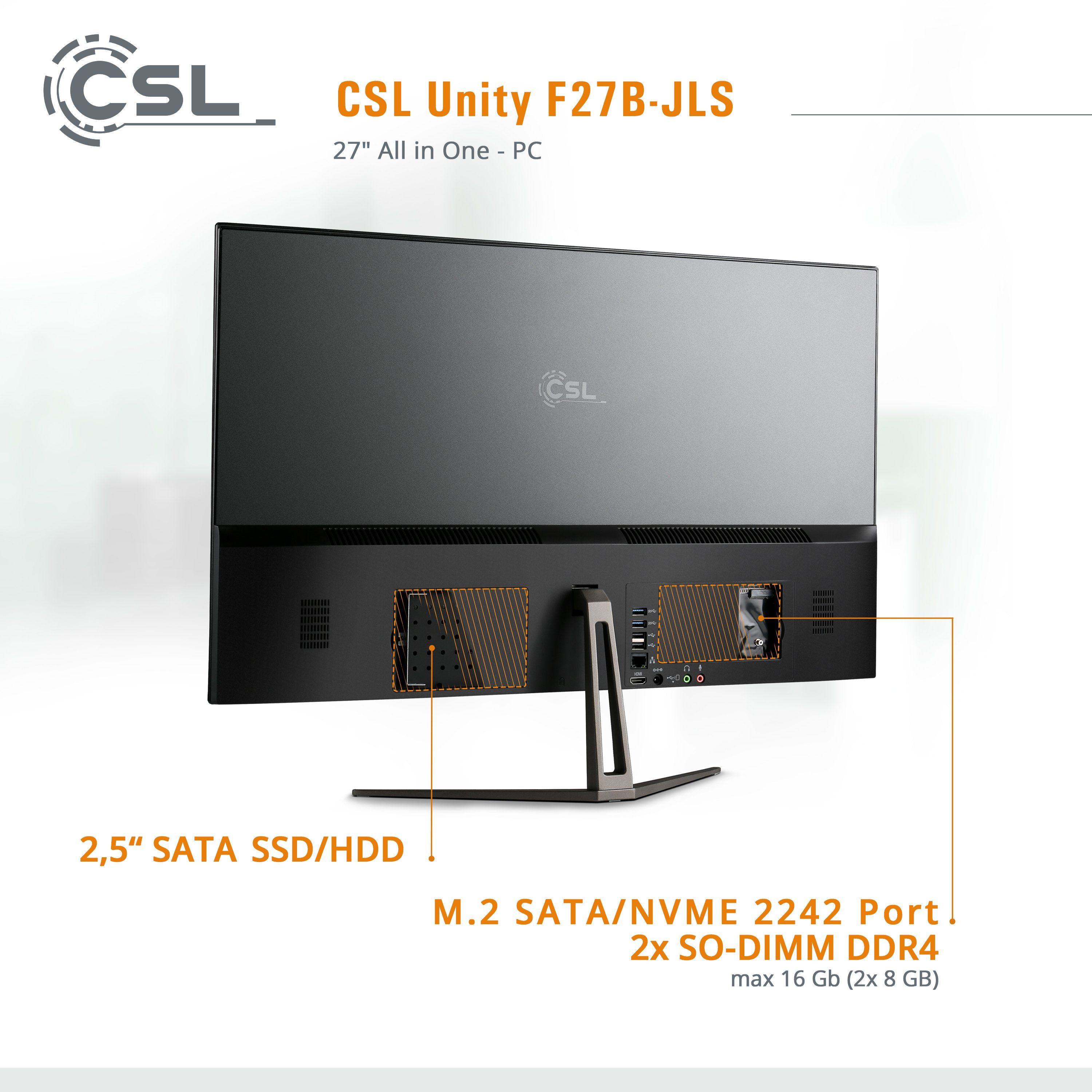 CSL Unity F27-JLS PC (27 Zoll, Intel® Celeron N5100, Intel® UHD Graphics, 16 GB RAM, 256 GB SSD, passiver CPU-Kühler)