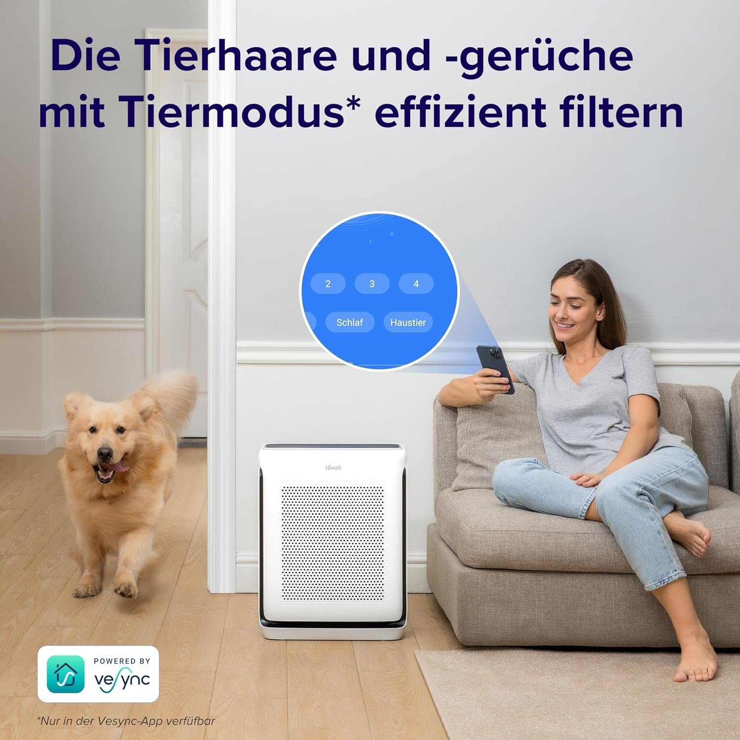 Levoit Luftreiniger Allergiker mit Tiermodus, CADR 416m³/h bis 87, für 87 m² Räume, Effektiver Dualsensor & HEPA-Luftfilter gegen Tierhaare Gerüche Pollen