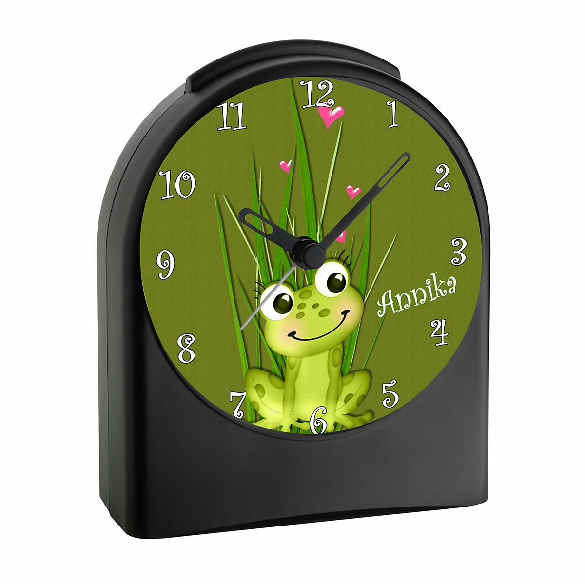 Kinder Funkwecker personalisiert mit Namen Frosch Atom-/Funkuhr, 12-Stunden-Anzeigeformat, Schlummerfunktion, Nachtlicht, Geräuschlos/Ohne Ticken