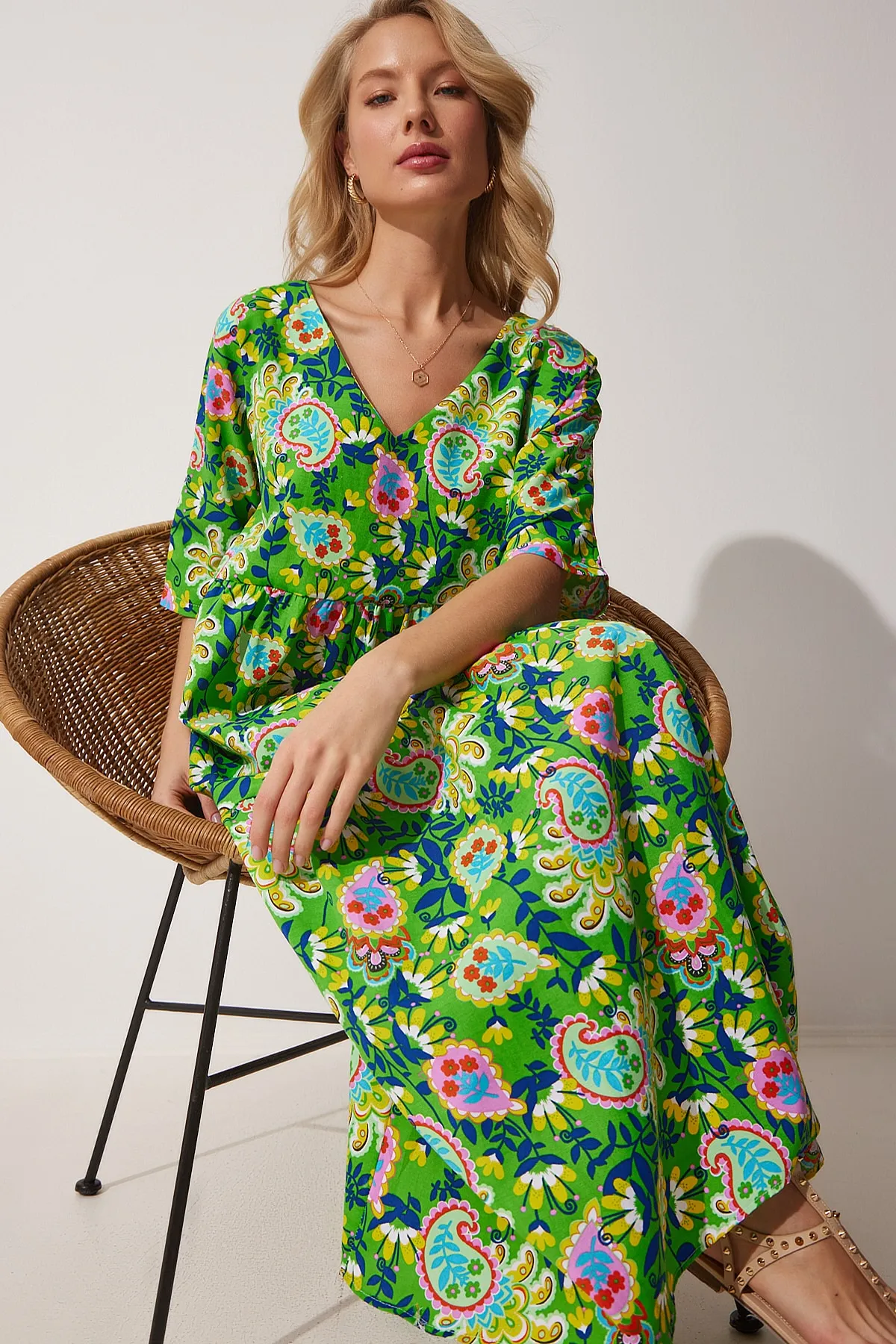 Happiness İstanbul  Damen-Sommerkleid aus Popeline in Grün und Gelb mit Muster ZH00025