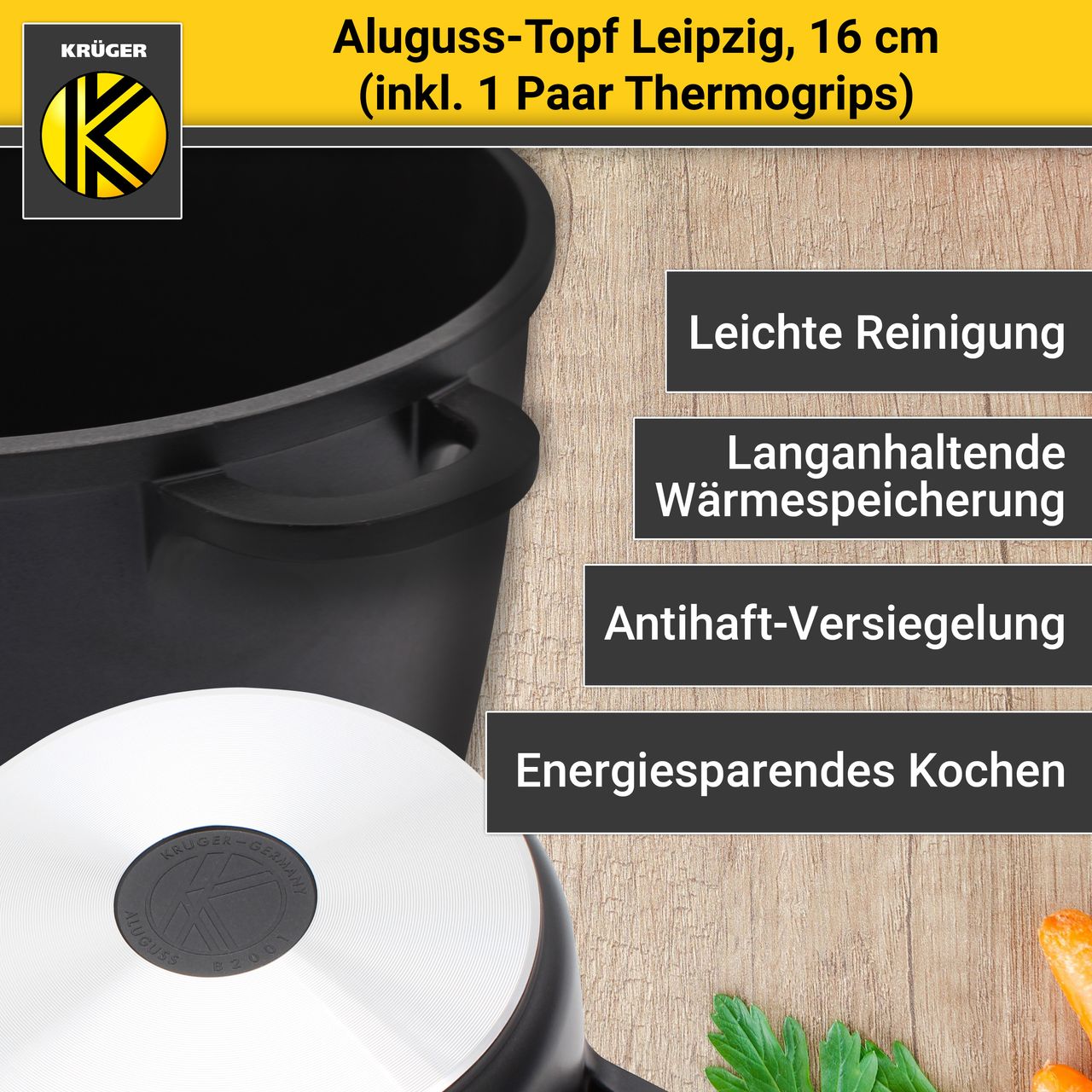 Karl Krüger Aluguss Fleischtopf LEIPZIG mit Deckel, 16 cm