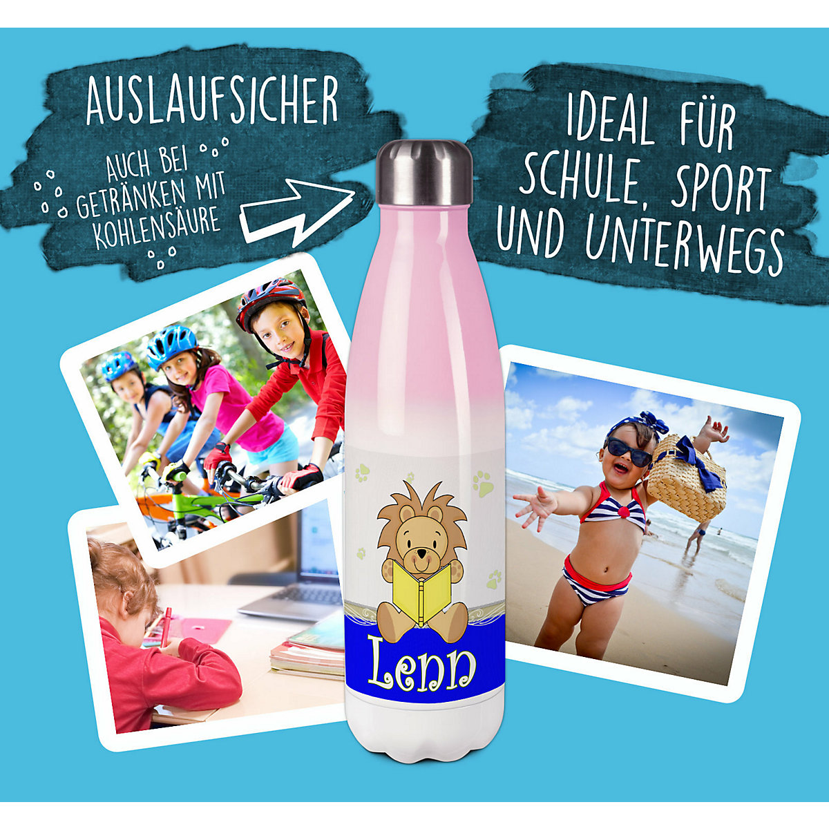 Edelstahl Kinder Thermoflasche / Trinkflasche bunt Leselöwe Farbe blau Spülmaschinenfest, Auslaufsicher, Bruchfest, Doppelwandig, Für Heißgetränke geeignet, Mit Deckel, Isoliert