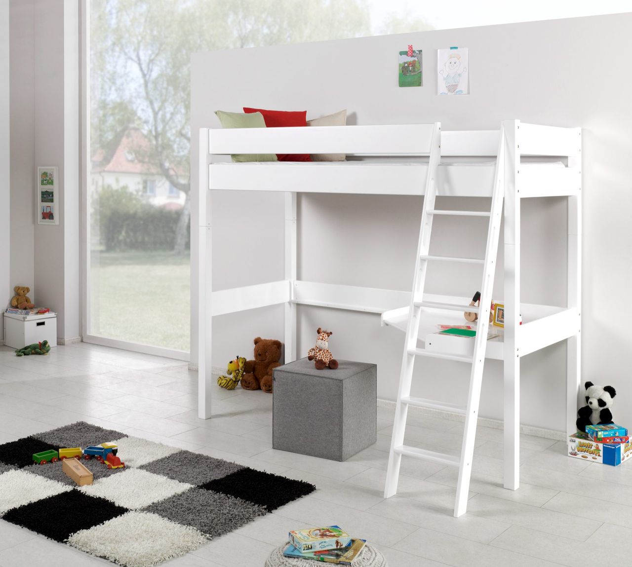 Relita Hochbett RENATE Buche massiv mit Schreibtisch, weiß lackiert
