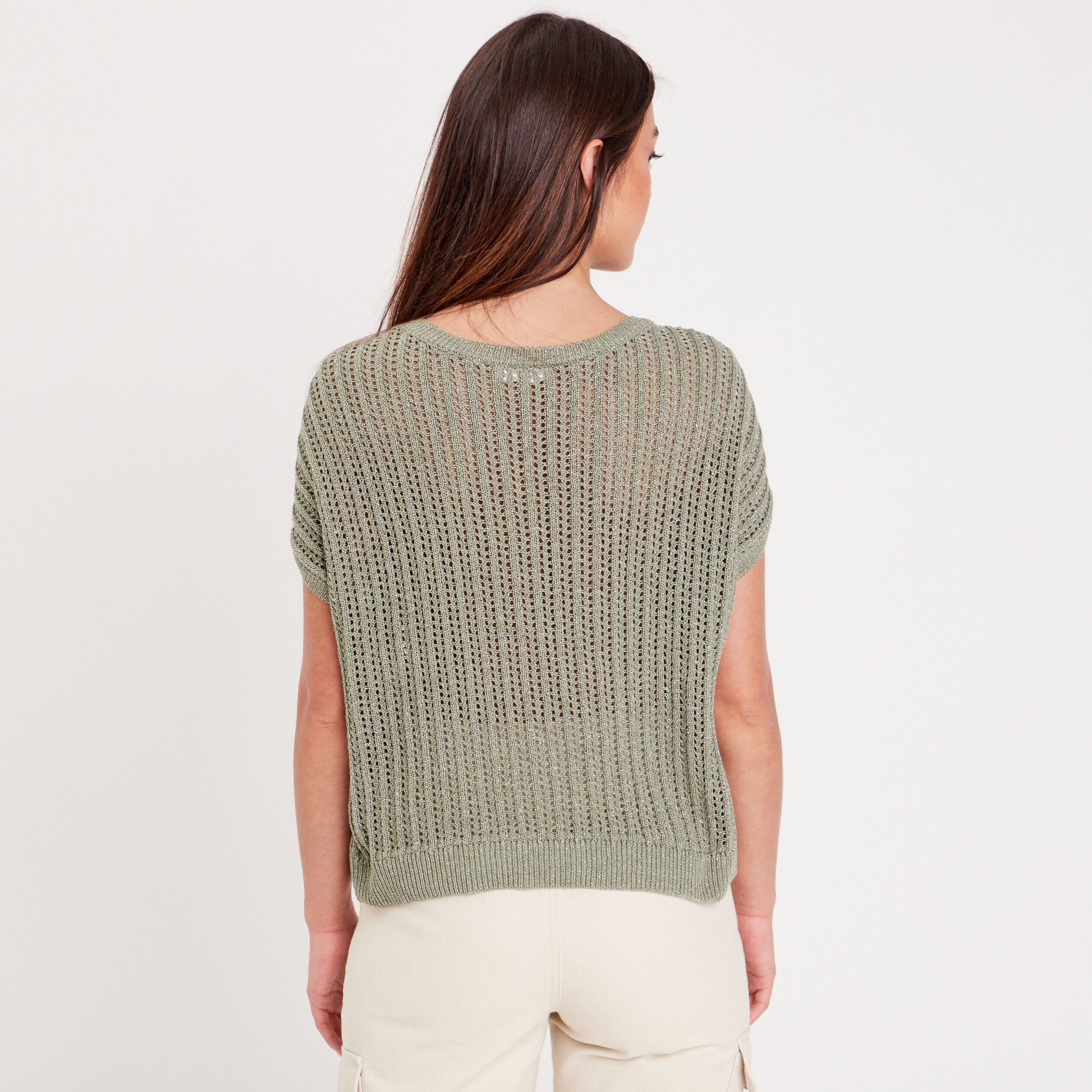 Pull ajouré manches courtes vert kaki femme | Cache Cache