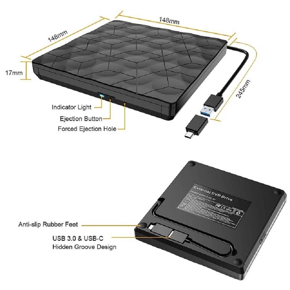 Daskoo Externe CD DVD Laufwerk, Portable Brenner mit USB 3.0 und Type-C externe HDD-Festplatte, DVD-Brenner