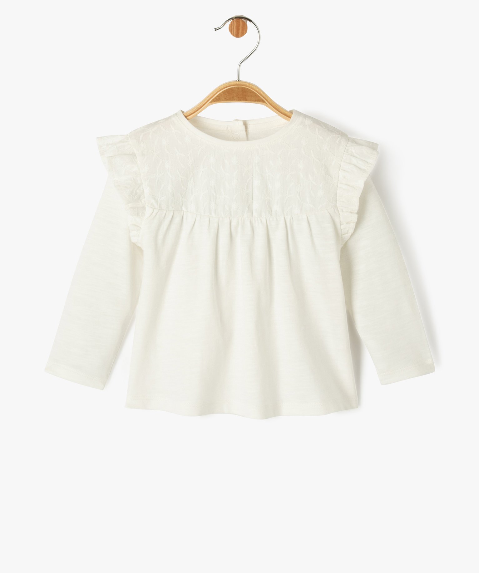 Tee-shirt manches longues volantées à plastron brodé béb... ecru | GEMO