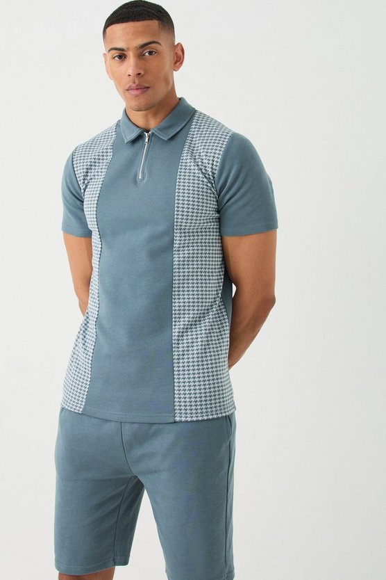 Poloshirt mit Hahnentritt Jacquard-Einsatz & Shorts