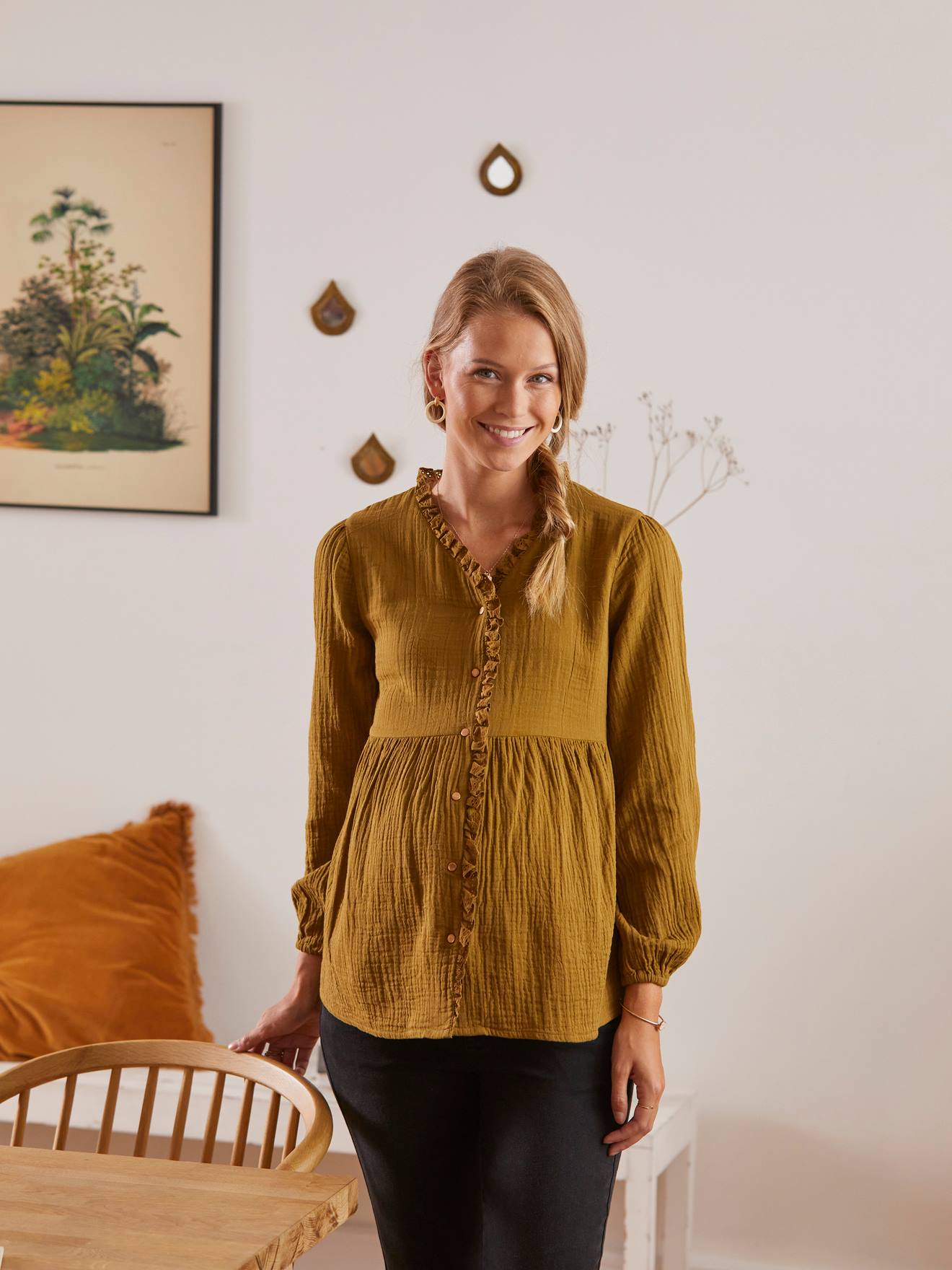 Blouse gaze de coton de grossesse et d'allaitement noir
